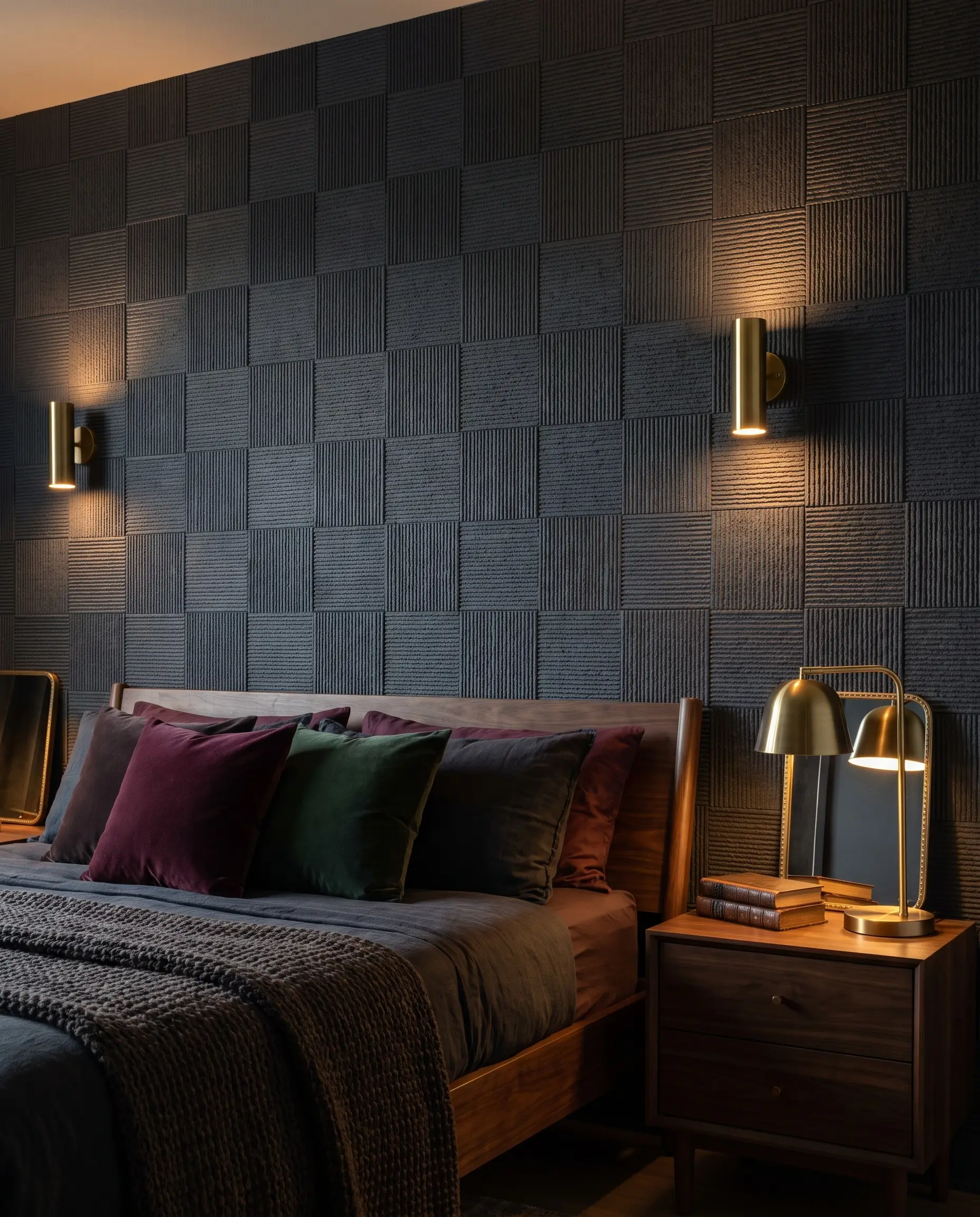 Plant-fiber bagasse panels painted in Benjamin Moore Hale Navy create a textured backdrop behind a bed with velvet pillows and a dark walnut nightstand.