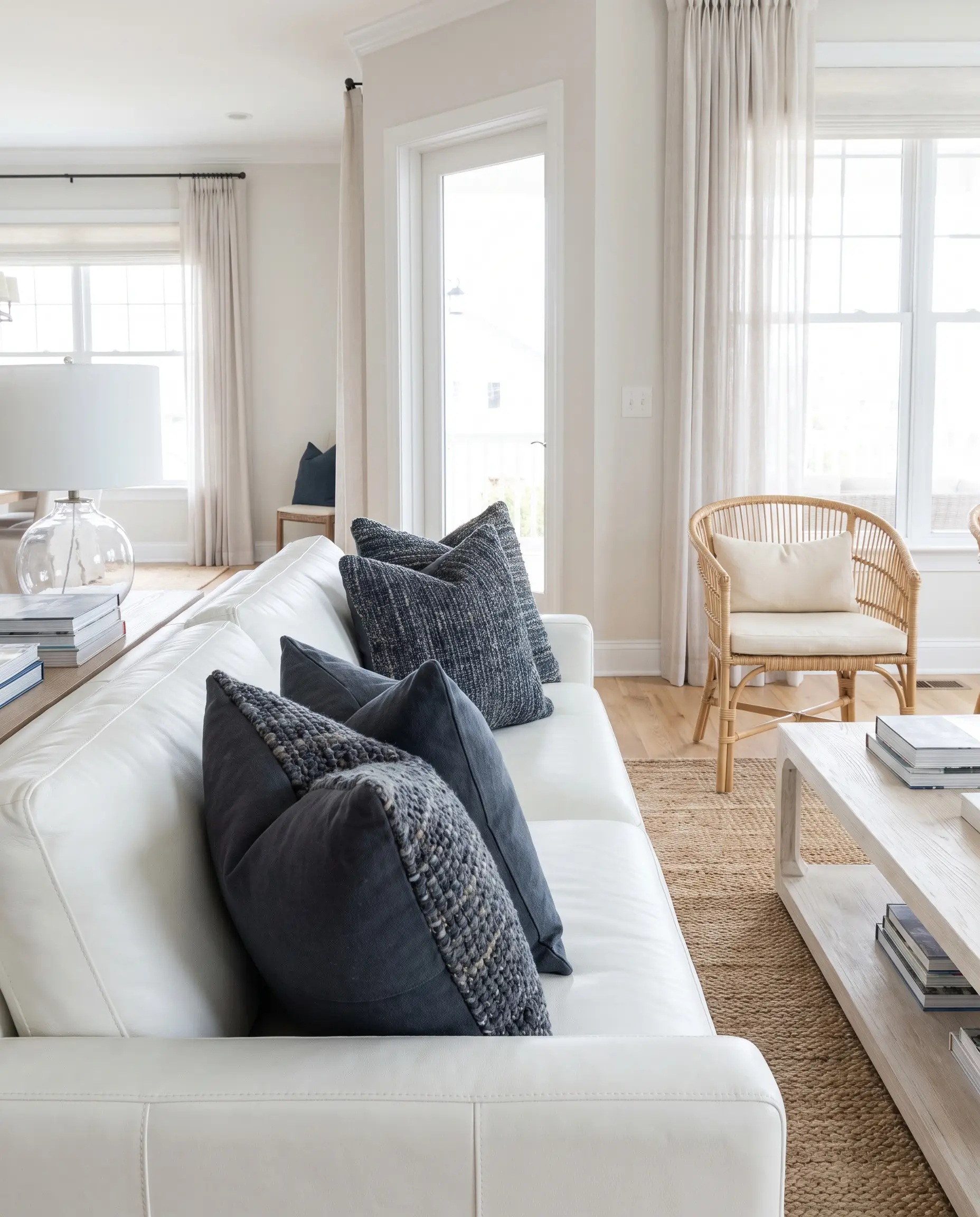 Heavy cotton canvas and Hale Navy woven wool throw pillows for leather couch seating provide a visual counterweight on a bright white sofa.