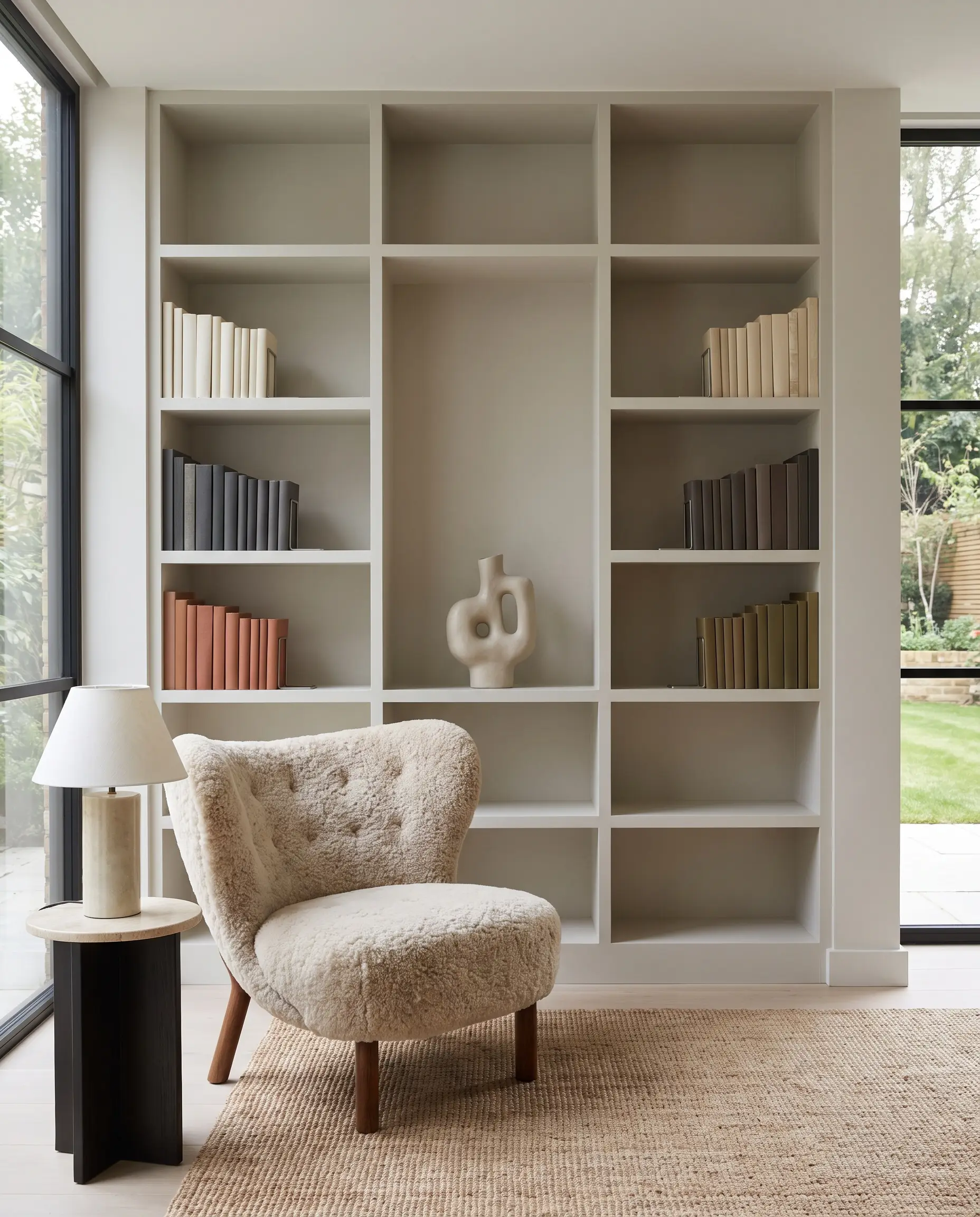 Built-in painted MDF open shelving displays color-blocked books and a single sculptural ceramic with generous negative space beside a cozy shearling chair.