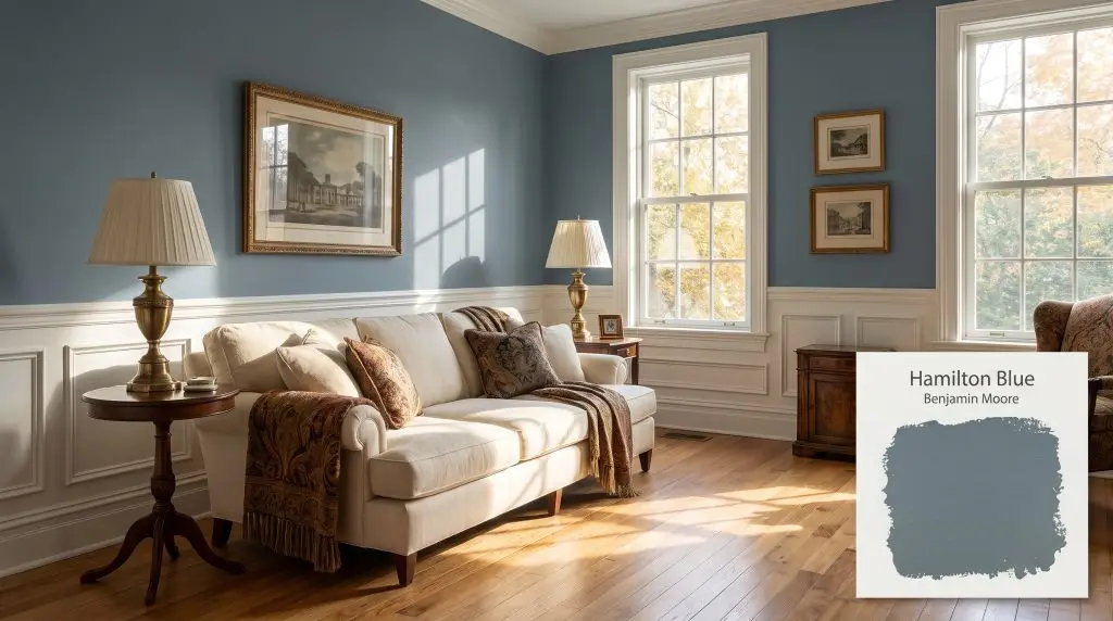 Sunlight illuminates a plush cream sofa and natural oak floors against walls painted in Benjamin Moore Hamilton Blue (Hex #5F767F) featuring classic white wainscoting.