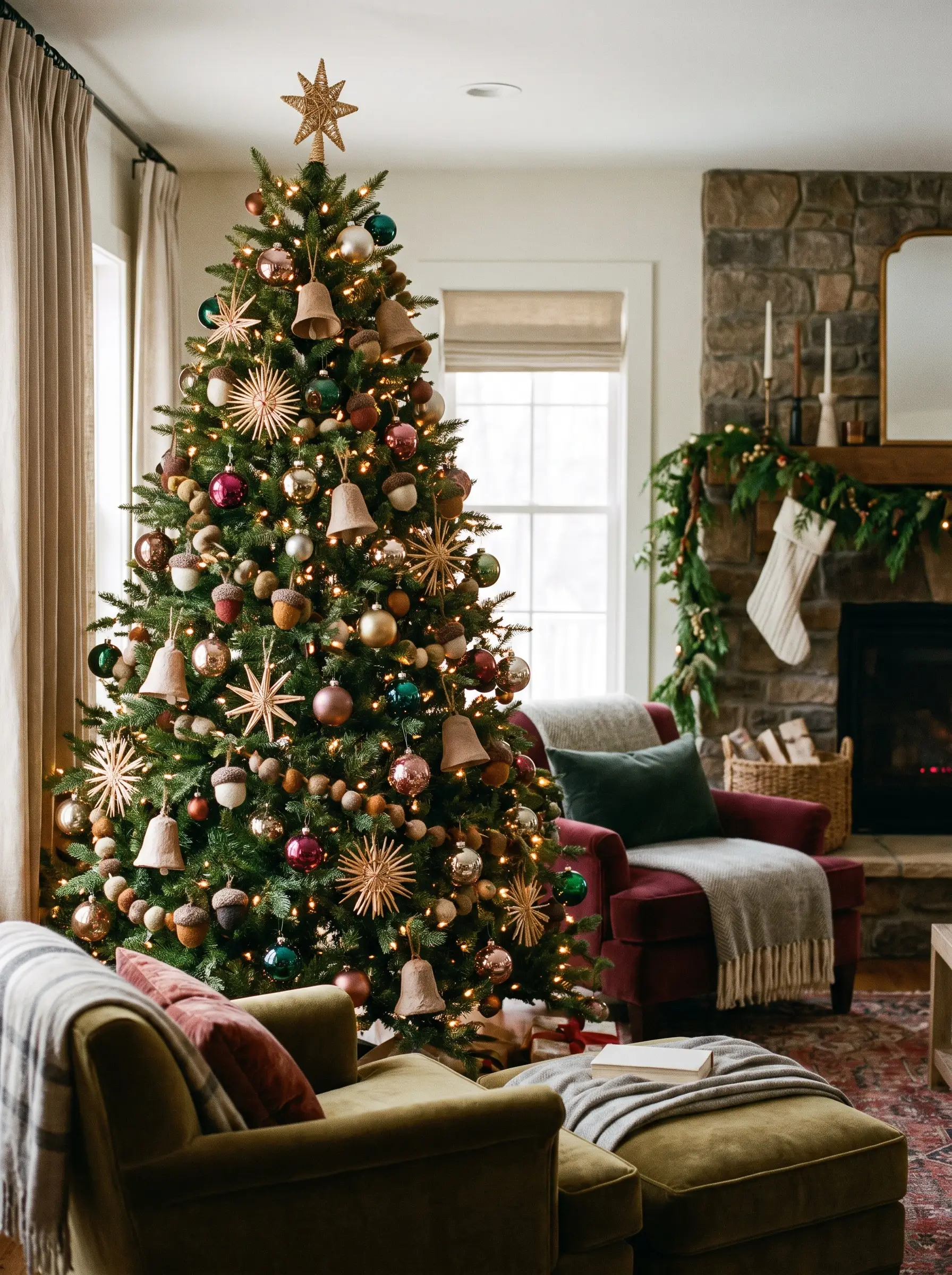 Heavy handcrafted paper mache bells, dense wool felted acorns, and woven straw stars mingle directly beside highly polished glass baubles on an accessible luxury tree.