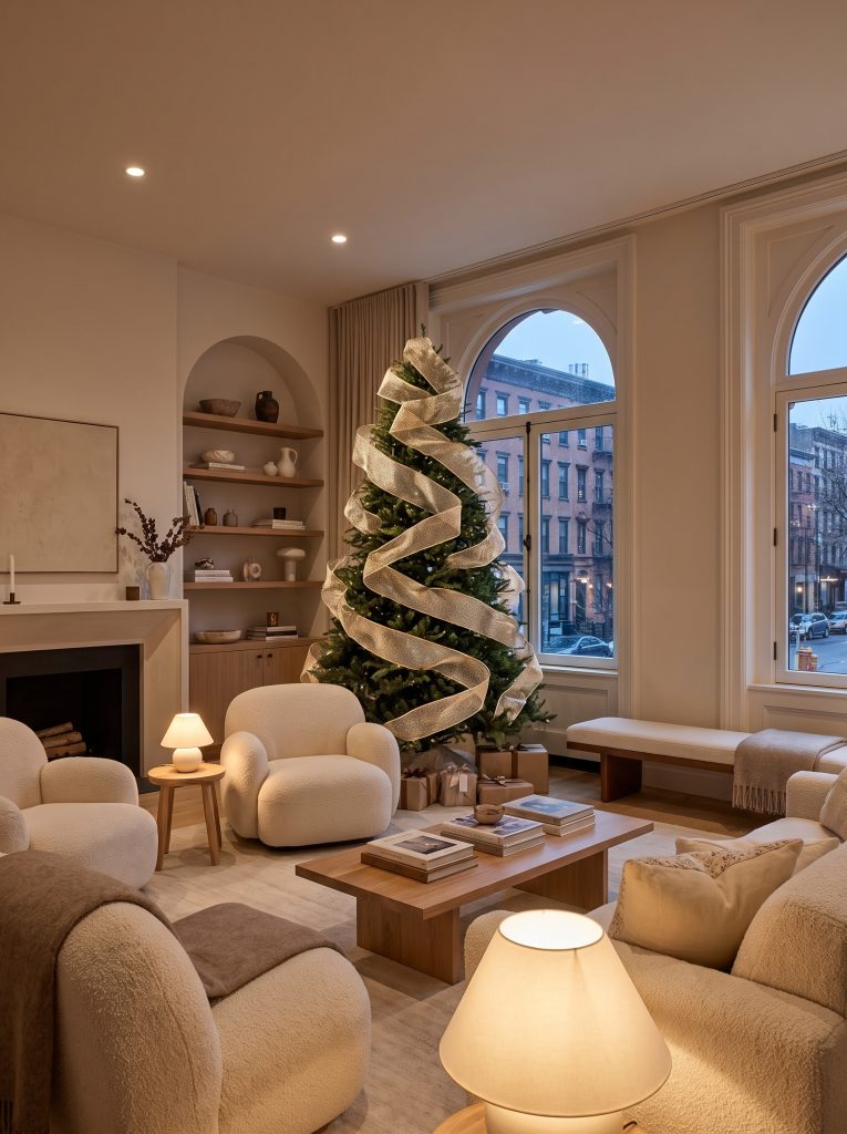 Stiff wire mesh ribbon in brushed champagne gold forms large asymmetrical zig-zags deep within the trunk of a sophisticated modern holiday tree.