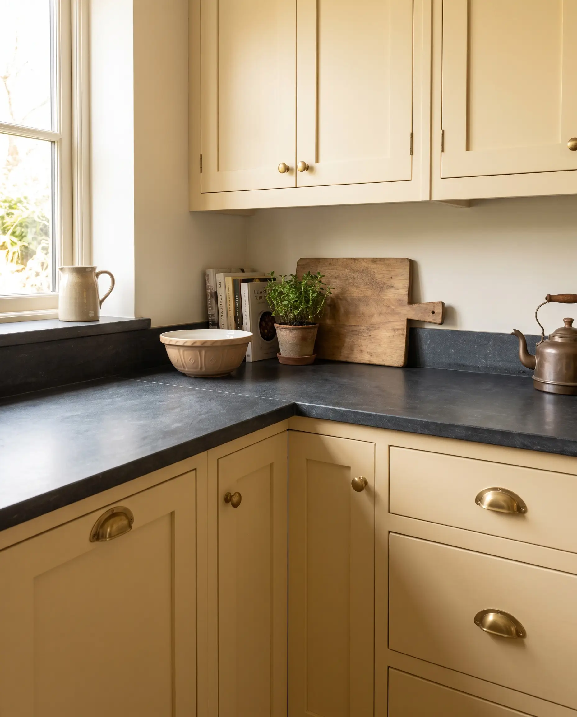 Benjamin Moore Hawthorne Yellow shaker profiles pair with dark honed soapstone countertops and unlacquered brass hardware in this classic yellow kitchen prep zone.
