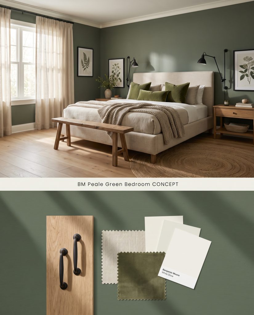 A conceptual board for an organic bedroom featuring green walls on top and a textured material arrangement of oak and linen below.