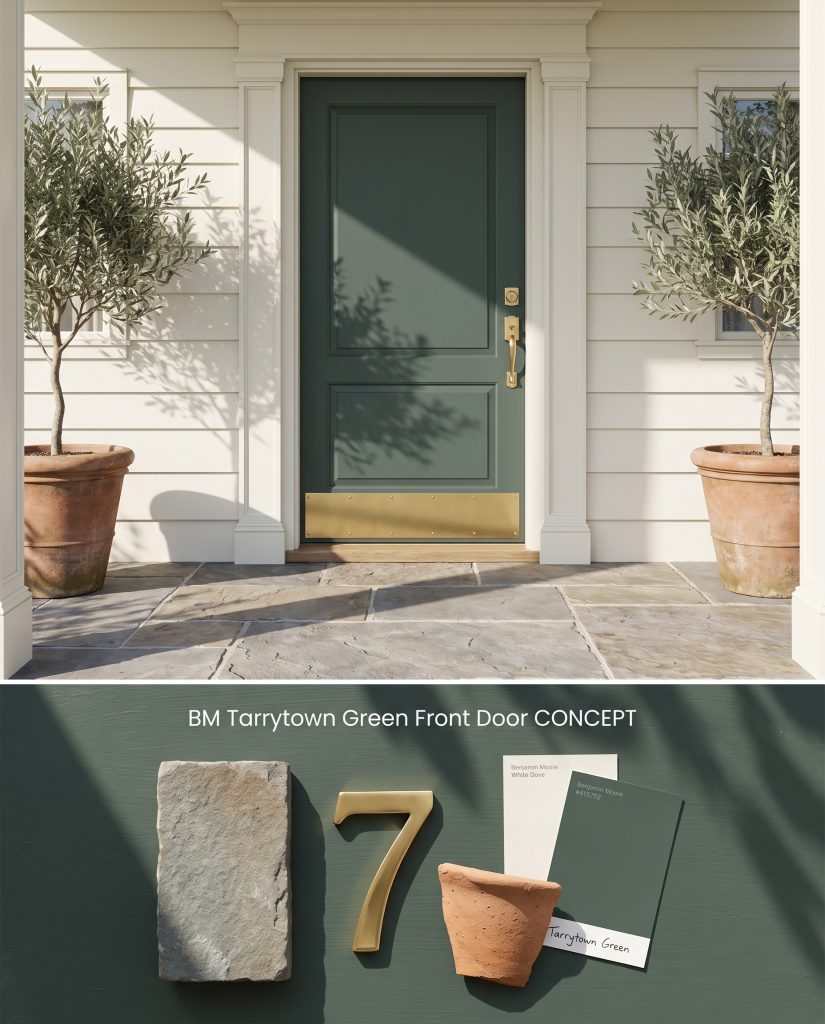A conceptual board for a colonial revival porch showing a dark green front door above a material arrangement of bluestone and brass.
