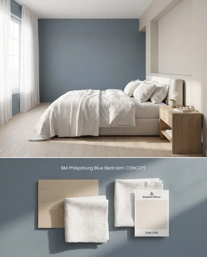 A dual-section visualization displaying a tranquil bedroom painted in a deep blue-gray above, with matte white pine and white boucle swatches underneath.