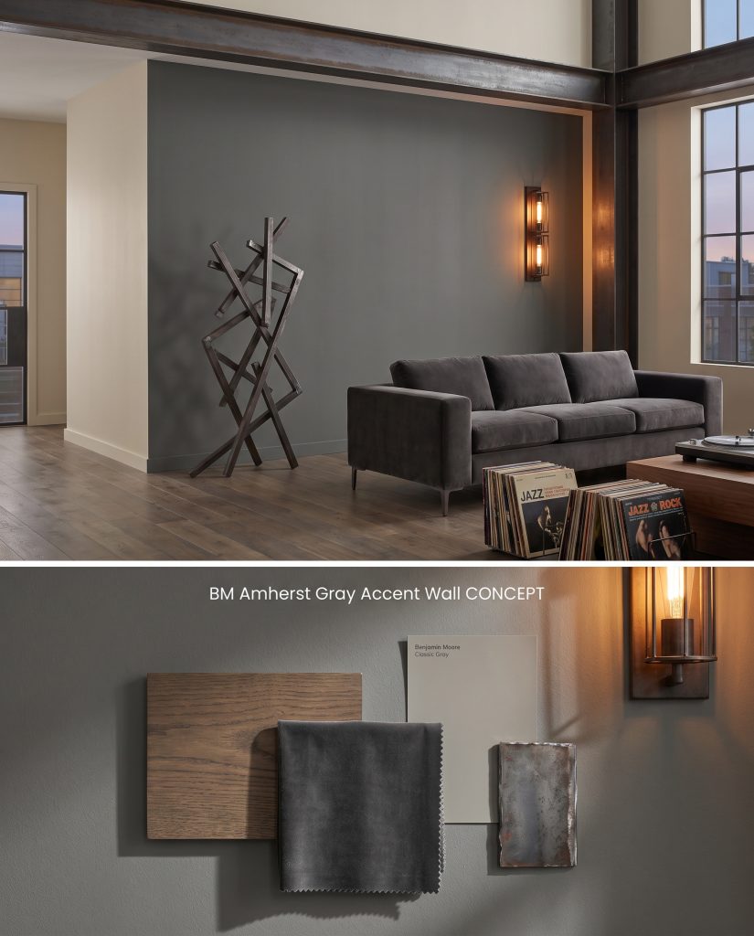 A split digital layout presenting a moody gray industrial accent wall on top and a flat-lay of smoked oak and charcoal velvet below.
