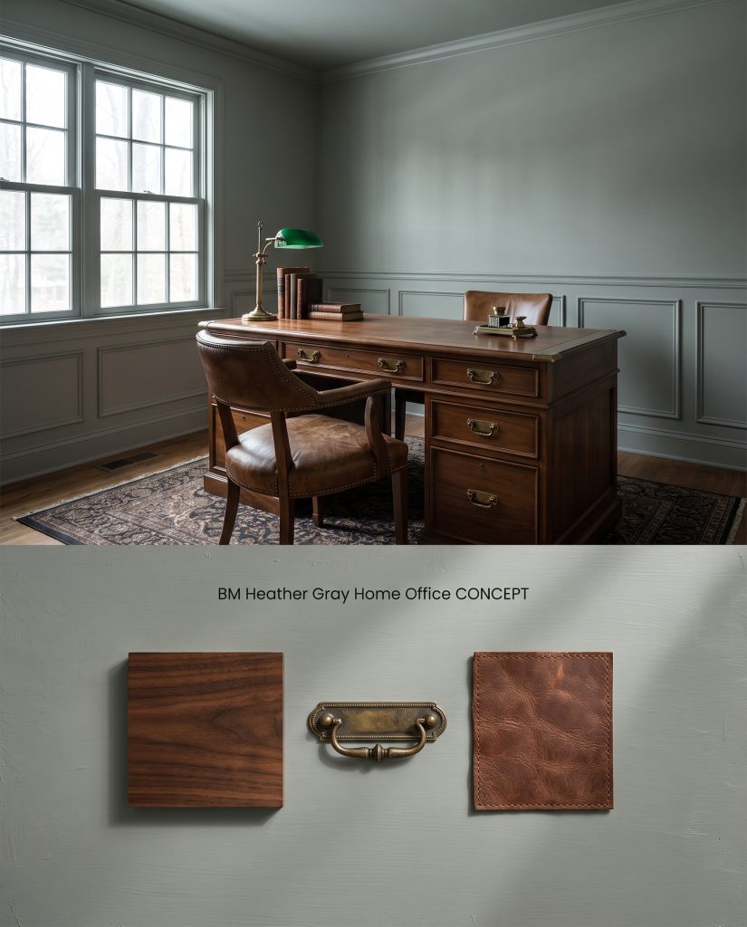 Conceptual board illustrating a moody, color-drenched office in a muted green-gray on the upper half, with walnut and brass swatches on the textured bottom.