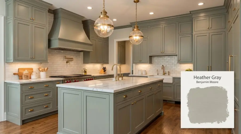 Custom kitchen cabinetry finished in Benjamin Moore 2139-40 (Hex #99A196) pairs elegantly with brass hardware, white marble countertops, and warm pendant lighting.