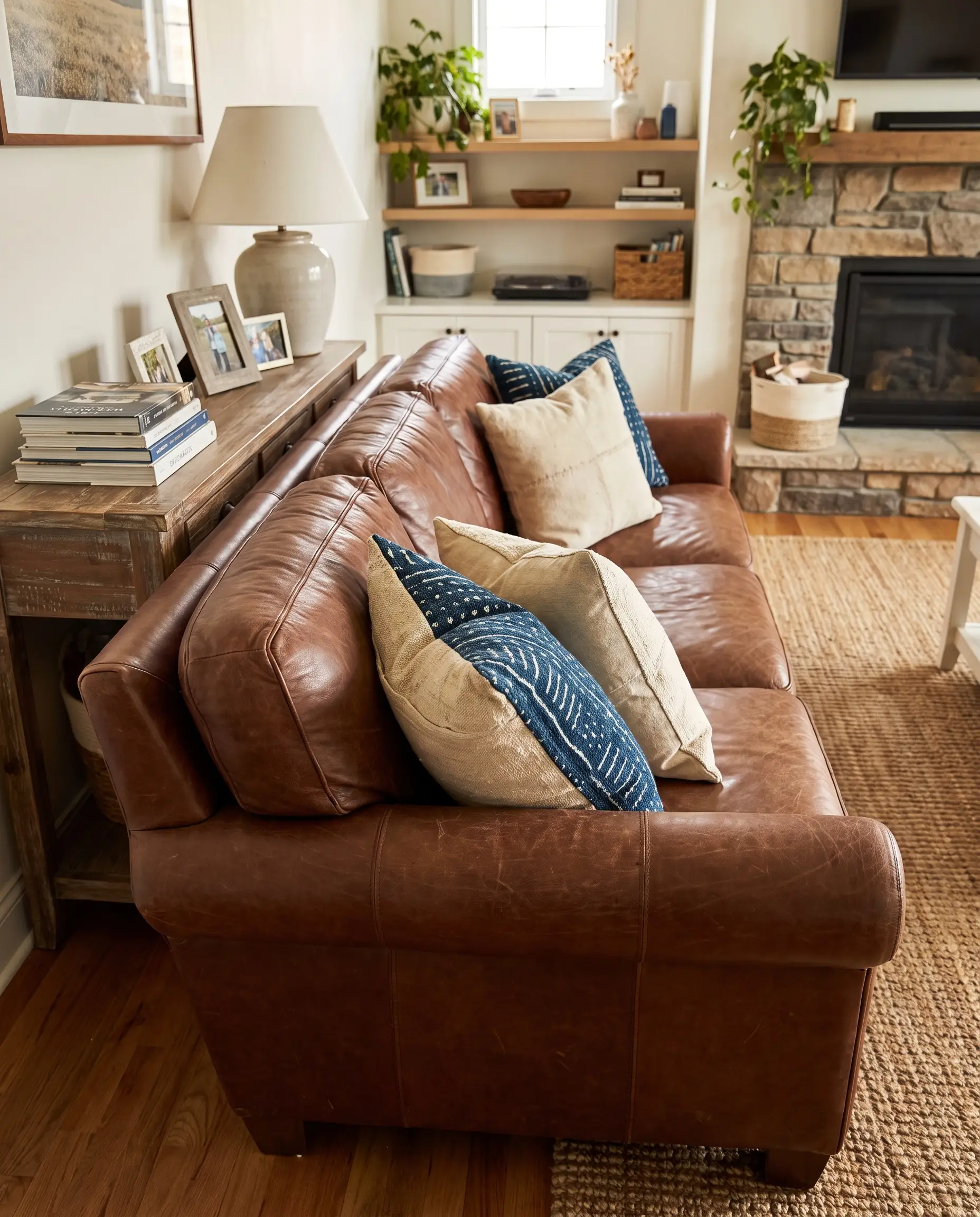 Thick structured canvas and mudcloth throw pillows for leather couch styling wedge firmly against the armrests near a distressed wooden console.