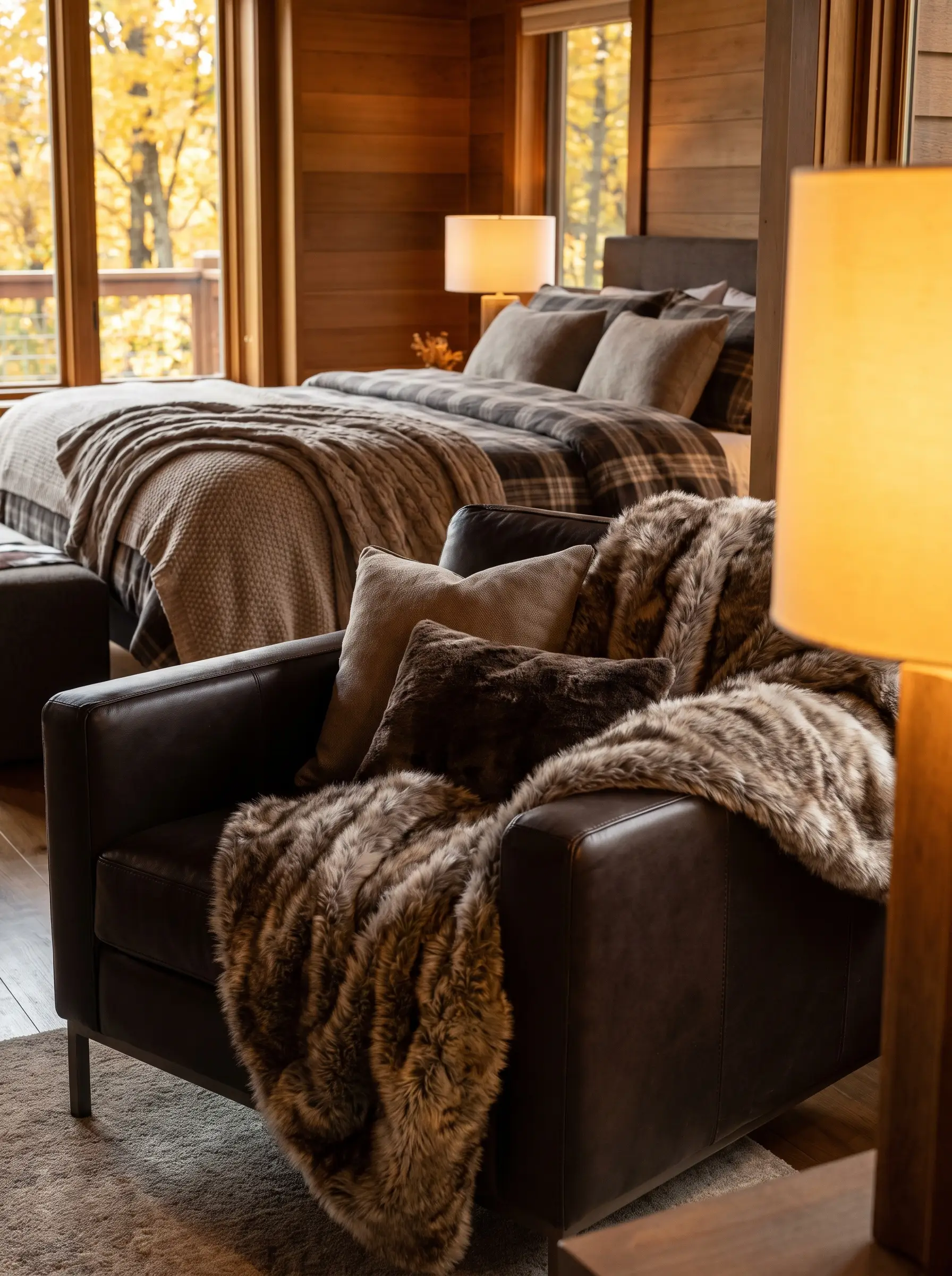 A high-pile faux-fur blanket in taupe and mink tones drapes elegantly over a sleek leather accent chair beside a layered bed.