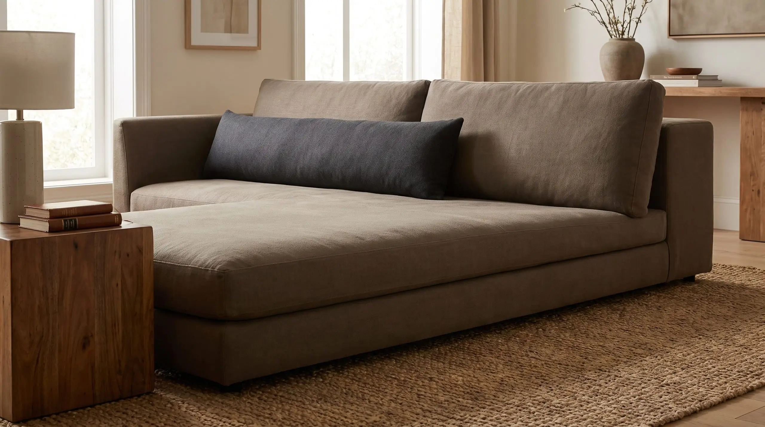 A deep heavy linen sofa features a single extra-long foam lumbar pillow alongside a textured jute rug and solid wood side table in a modern minimalist living room.