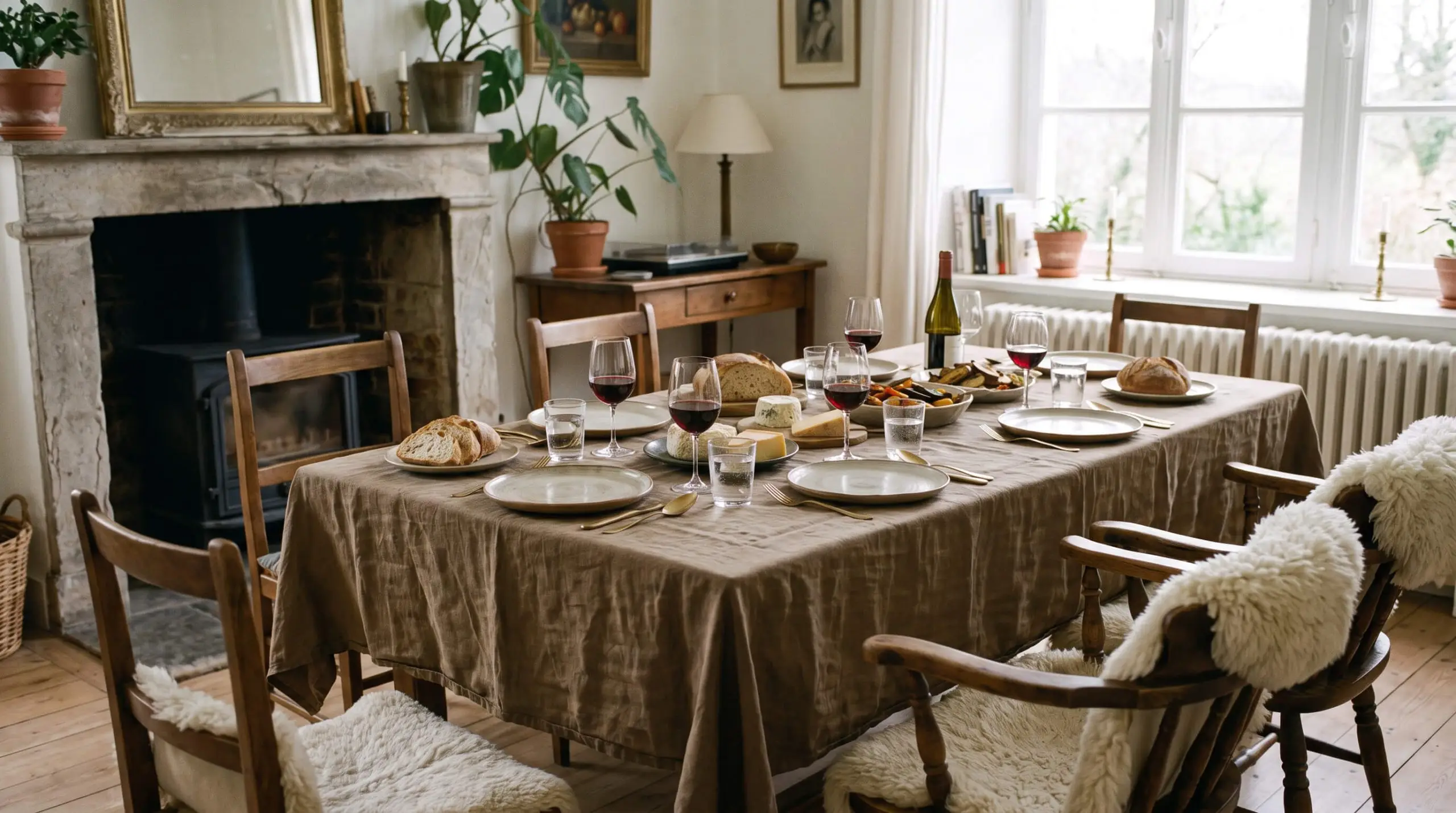 A raw heavyweight linen tablecloth drapes over a wooden dining table set with simple ceramic plates and antiqued vintage brass flatware.