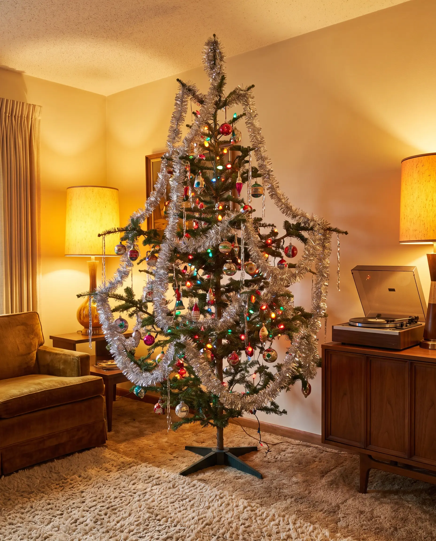 Heavyweight metallic silver foil tinsel cascades as individual strands exclusively along the outermost tips of a sparse asymmetrical tree in a mid-century modern living room.