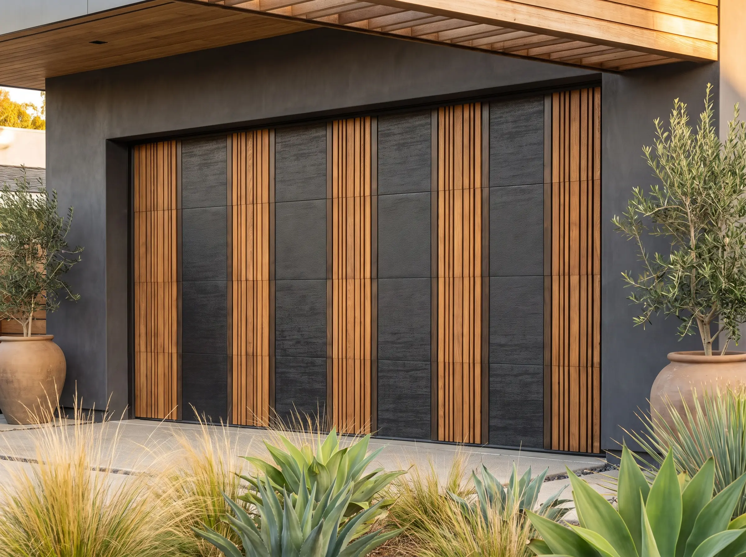 Four-inch vertical channeling made of high-density fiberglass and thermally modified ash forms a commanding slatted garage door framed by smooth dark stucco.