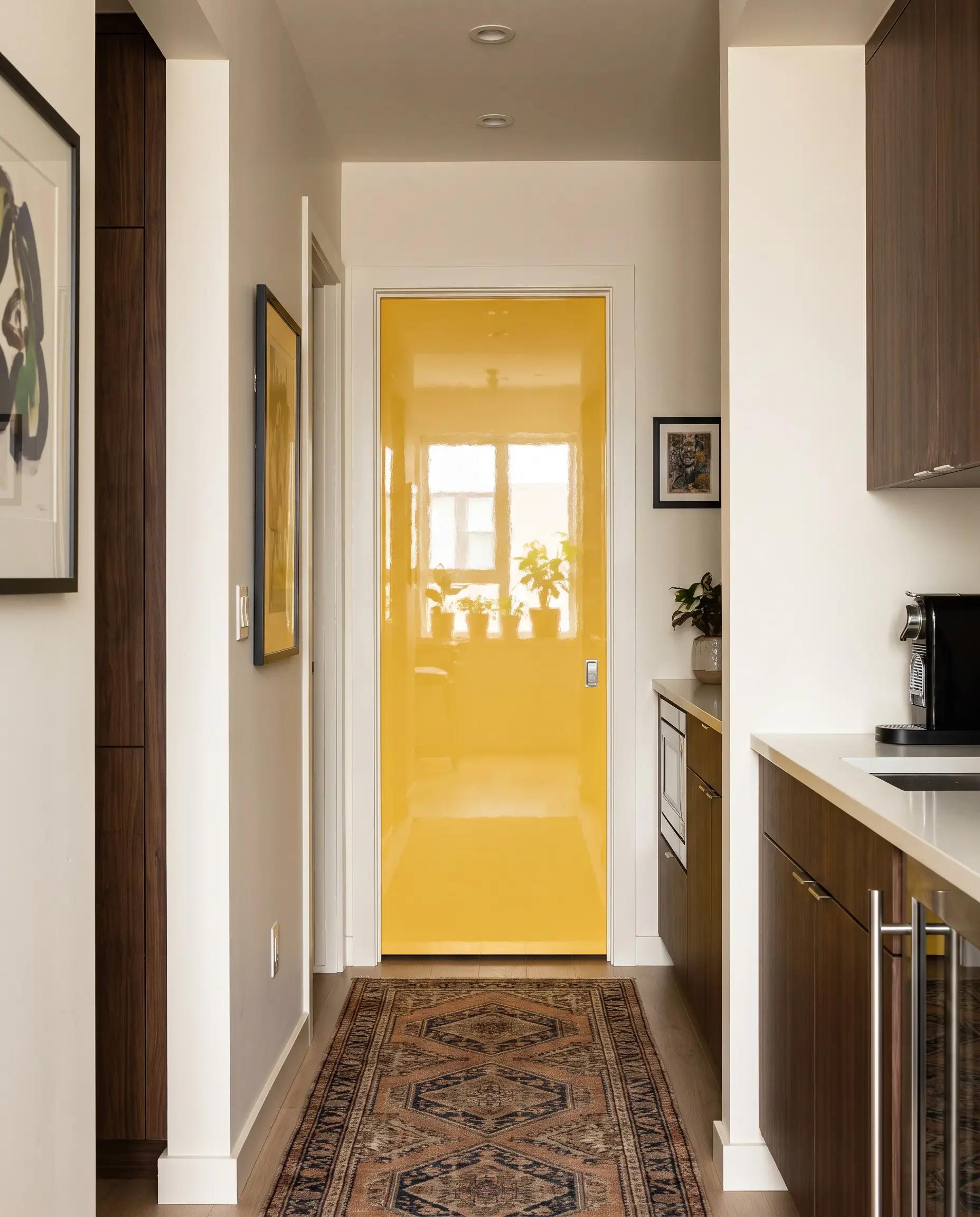 A brilliant Sherwin-Williams Lemon Twist pantry door in a high-gloss enamel finish creates an unexpected architectural surprise in this tailored eclectic yellow kitchen.