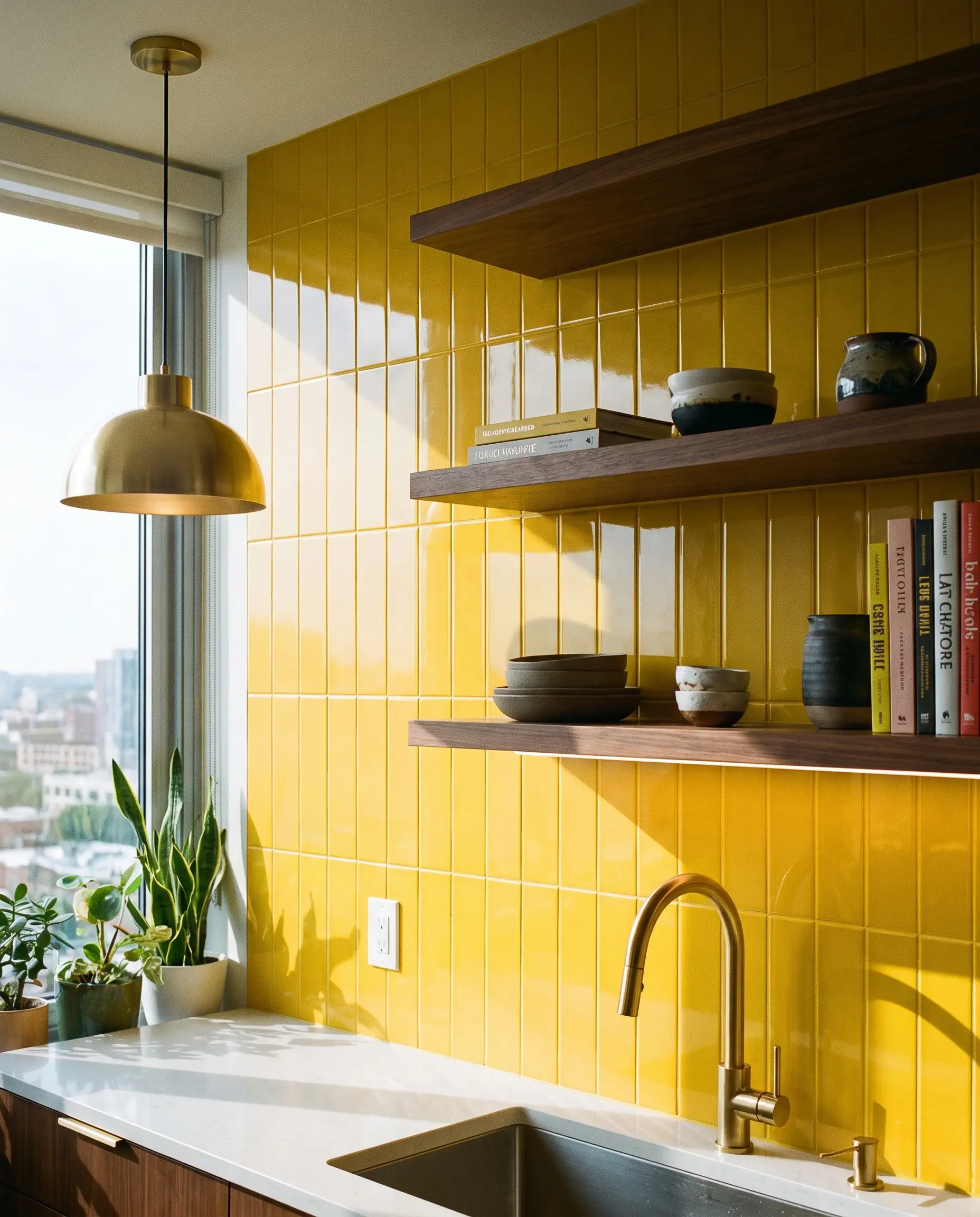 High-gloss yellow ceramic subway tiles installed in a vertical stack feature color-matched grout to create a seamless, highly architectural retro-modern wall.