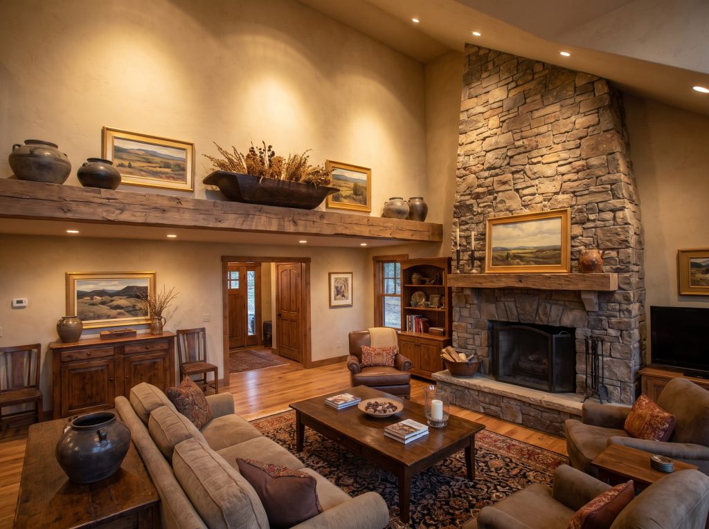 A long wooden dough bowl and horizontal landscape art sit low across a sky-high fireplace ledge, grounding the vaulted living room wall.