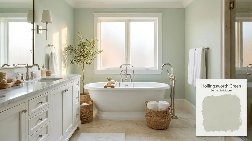 Natural light streams through frosted glass onto a freestanding white soaking tub and walls painted in Hollingsworth Green (Hex #CCD4C4).