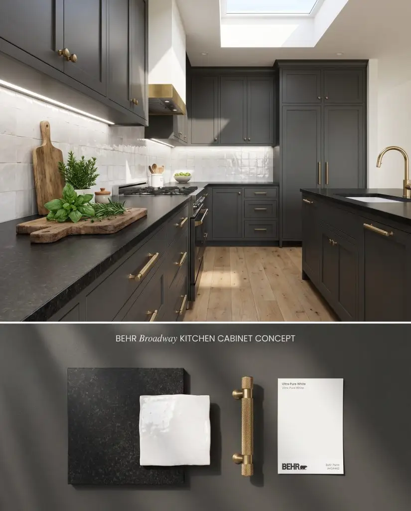 Split digital conceptual board showing dark charcoal kitchen cabinets with a white zellige backsplash over a granite and brass flat-lay.