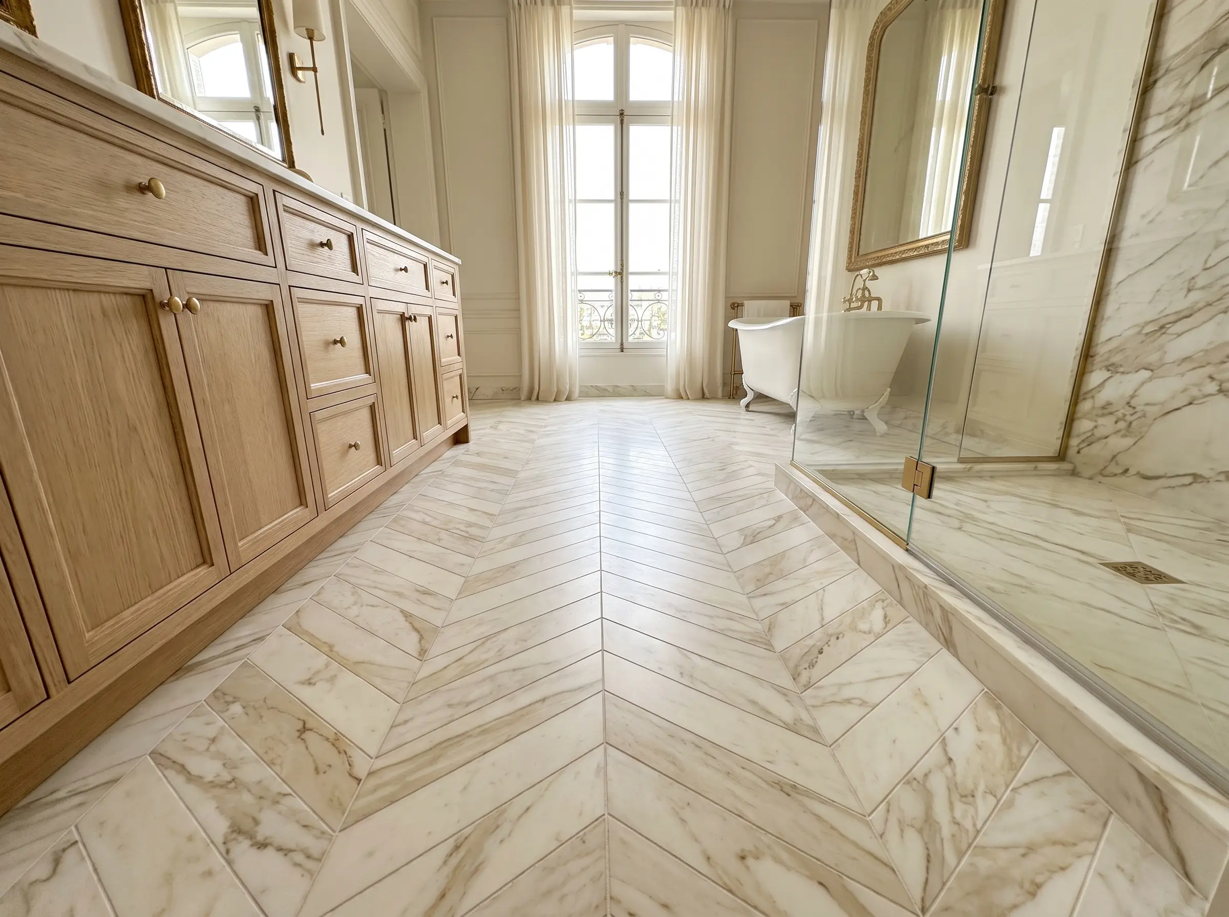 A continuous zig-zag layout of honed Calacatta Gold chevron marble tiles leads toward a rift-sawn white oak vanity and glass-enclosed shower in this premium marble bathroom design.