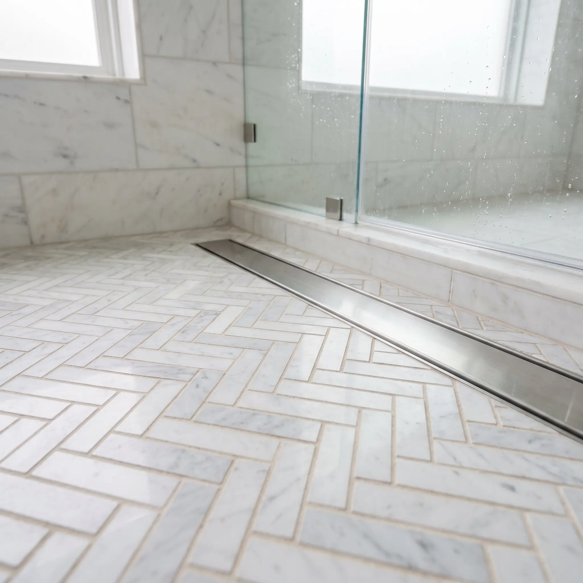 A timeless honed Carrara marble herringbone mosaic floor with sanded grout slopes toward a sleek linear drain beneath pristine white marble shower walls.