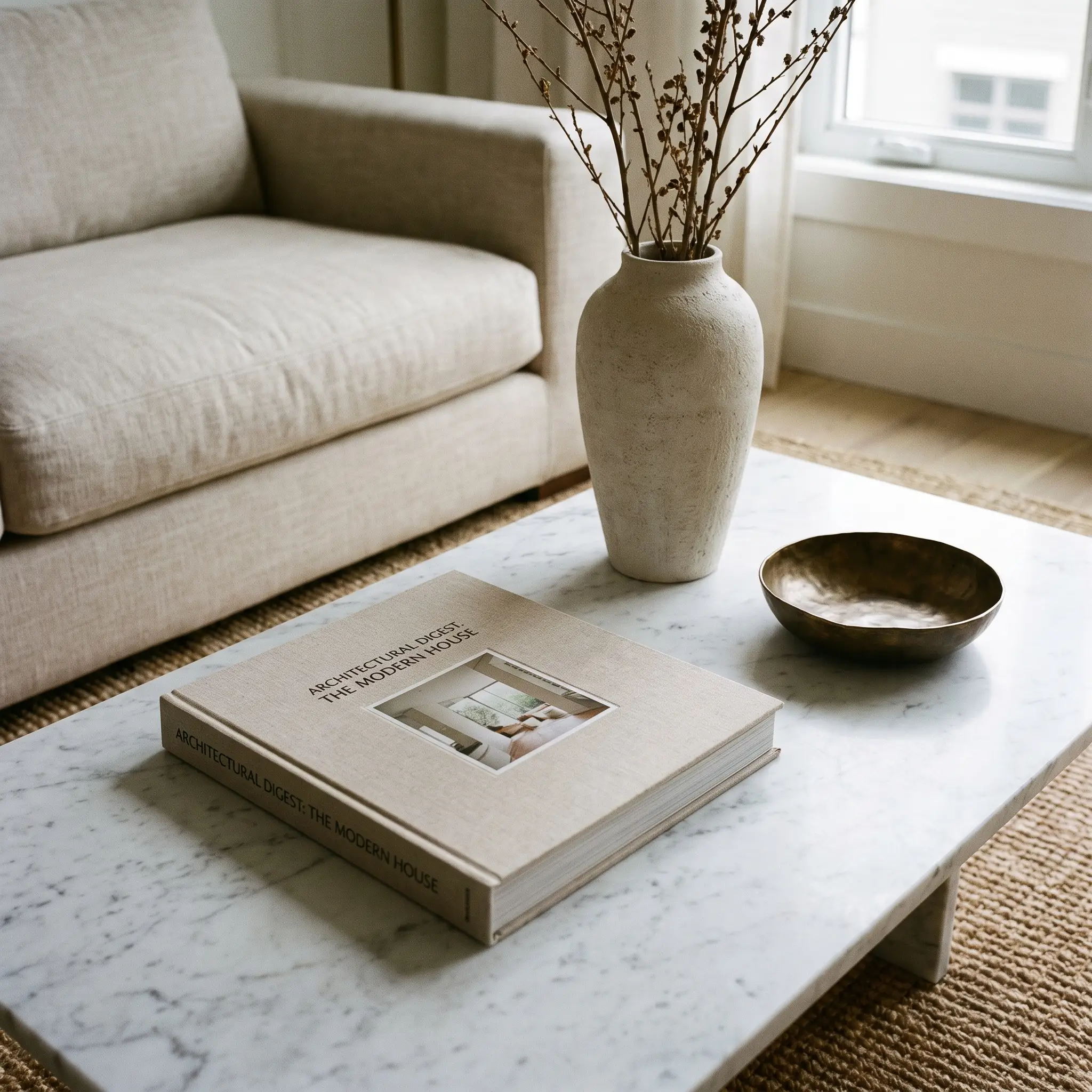 A solid honed marble coffee table holds a linen-bound design book, a tall sculptural ceramic vase, and a low bronze catch-all bowl.
