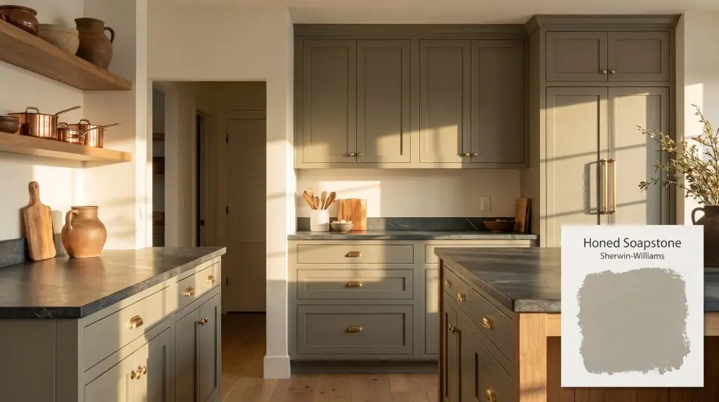 Rustic kitchen cabinetry painted in Sherwin-Williams Honed Soapstone (Hex #9D9887) paired with soapstone countertops and unlacquered brass hardware under warm sunlight.