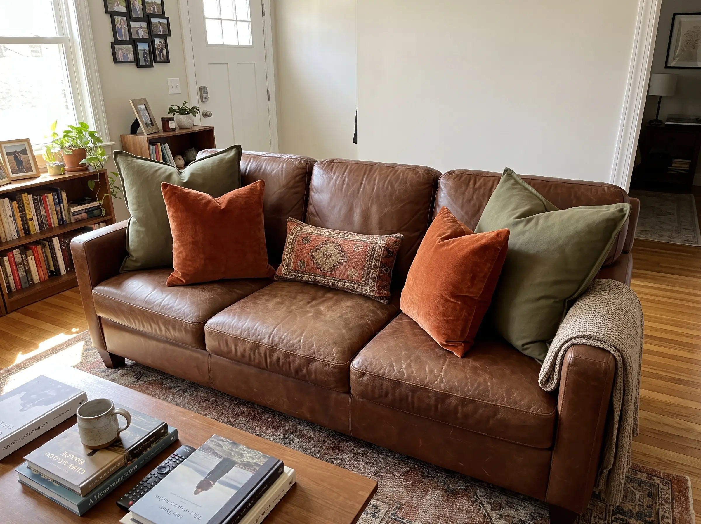 The 2-2-1 anchor method utilizes high-friction canvas, textured velvet, and a patterned lumbar as throw pillows for leather couch styling to prevent sliding.