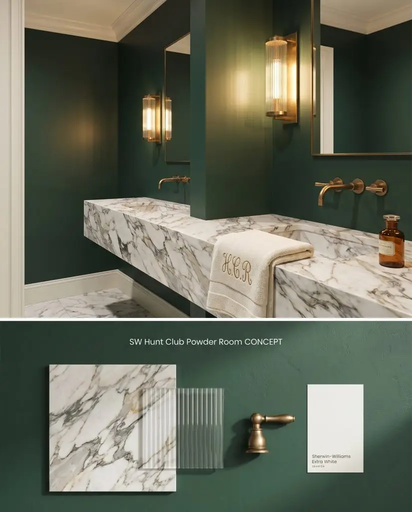A split conceptual board for a jewel-box powder room painted in SW 6468, above a flat-lay of Arabescato marble and reeded glass.