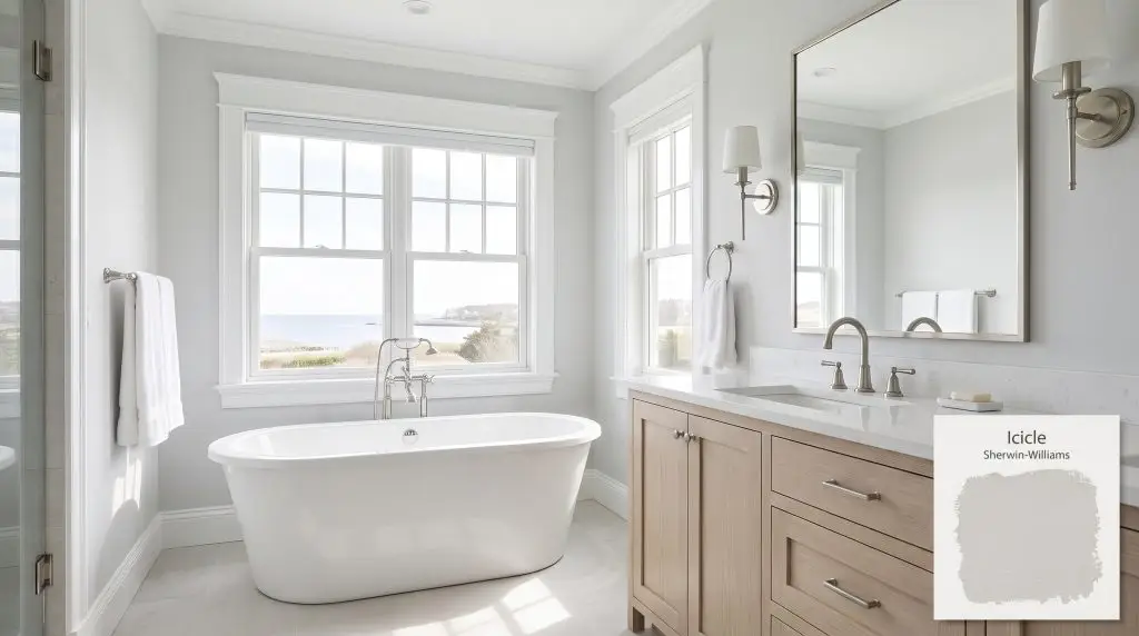 Bright morning daylight illuminates a freestanding white soaking tub and pale oak vanity surrounded by Sherwin-Williams Icicle (Hex #DBDFE0) walls.