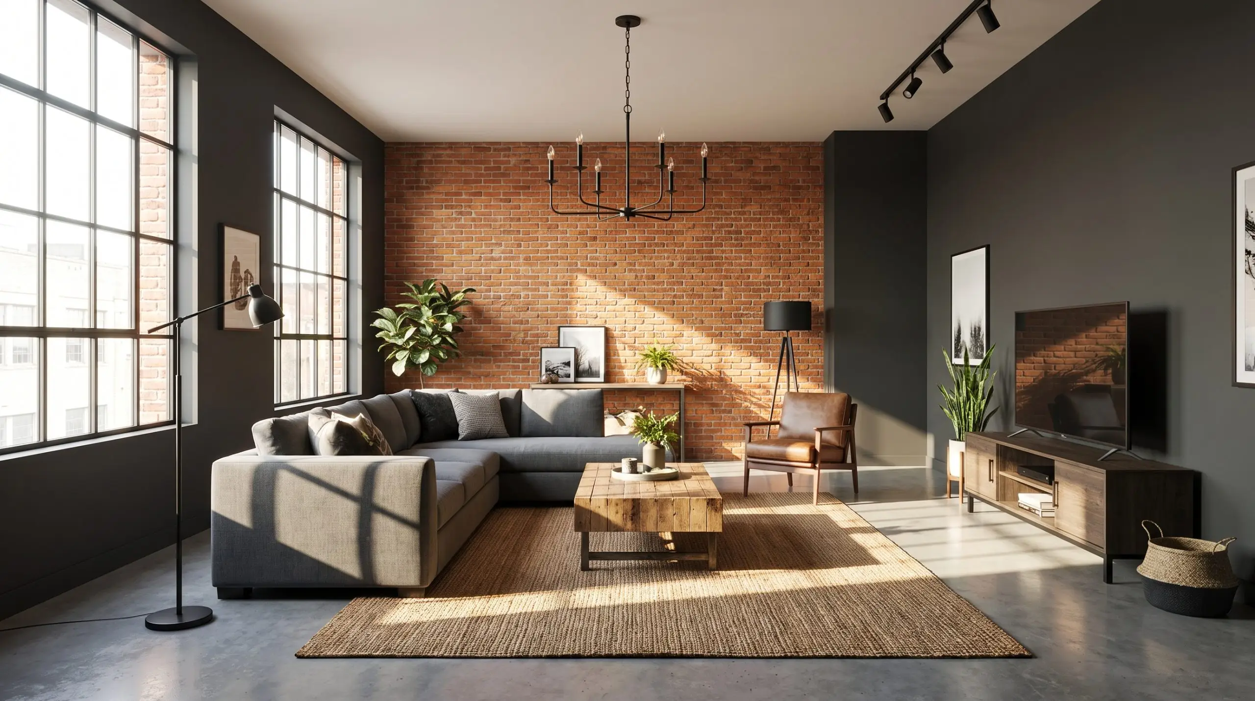 Matte black lighting fixtures hang above standard concrete floors in an industrial modern living room featuring Sherwin-Williams Iron Ore walls and an orange-red brick wall.