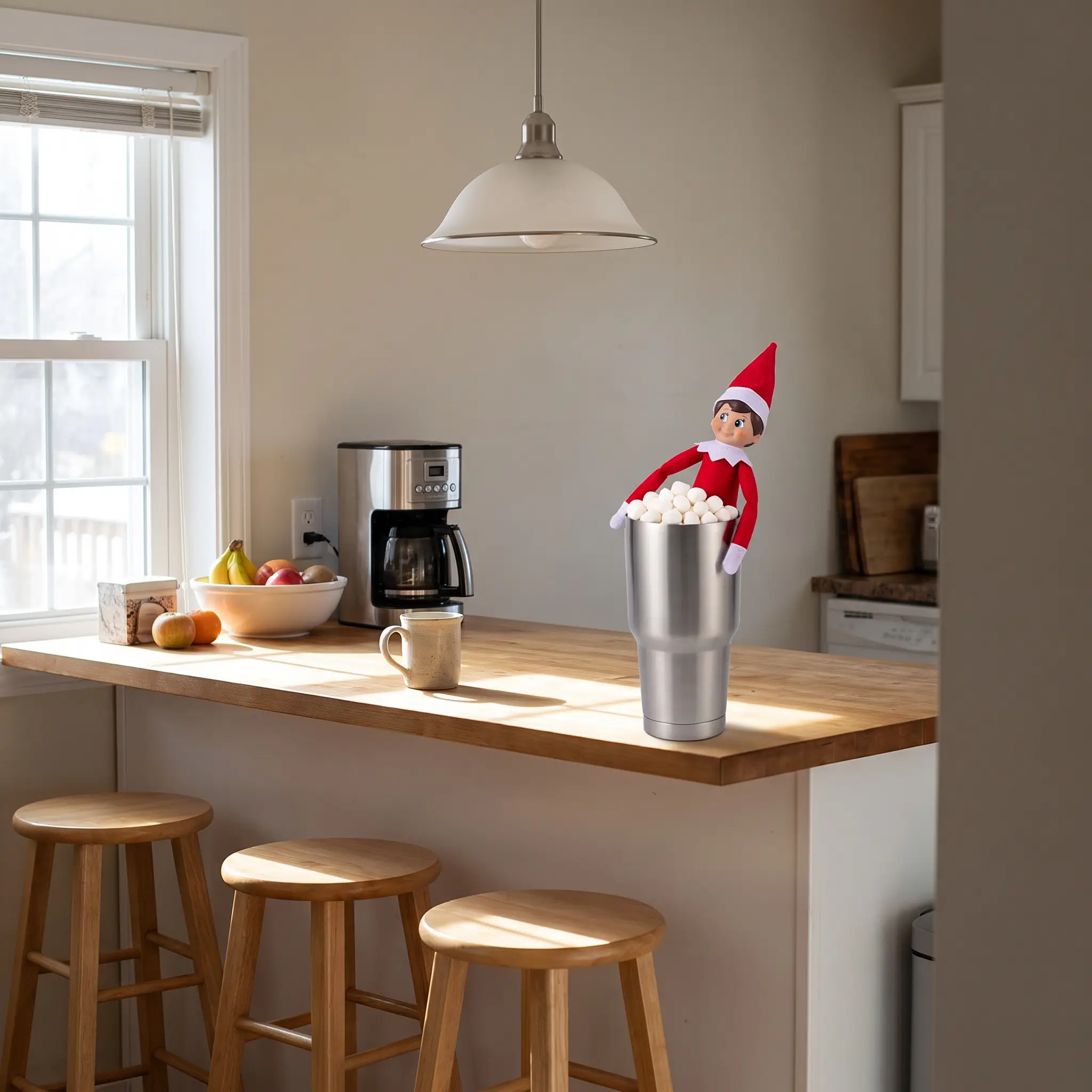 Un elfo di Natale seduto all'interno di una tazza termica colma di mini marshmallow sull'isola della cucina.