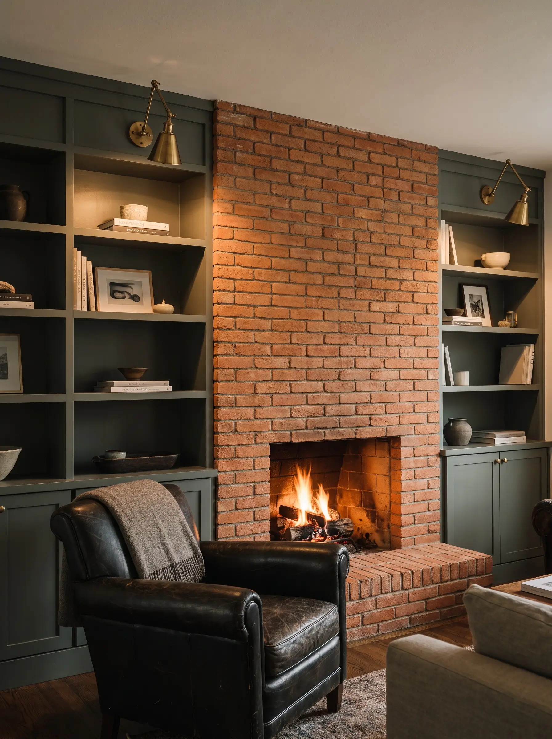 Antique brass library sconces illuminate Sherwin-Williams Pewter Green built-in bookshelves flanking a bright orange-red brick fireplace, accompanied by a dark leather armchair.