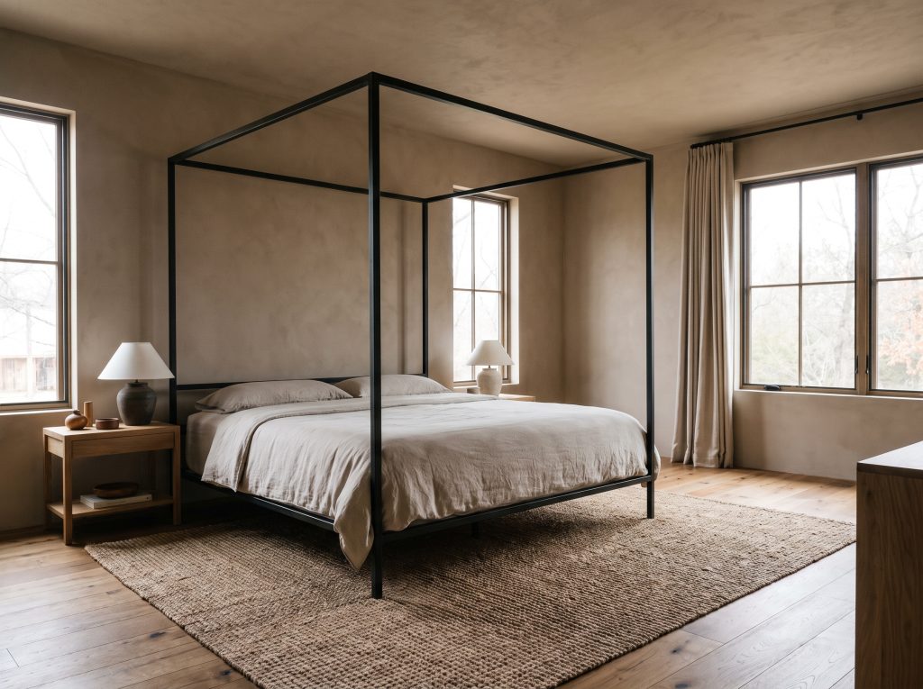 A minimalist matte forged iron canopy bed commands a modern farmhouse bedroom featuring warm mushroom walls and a large woven rug.