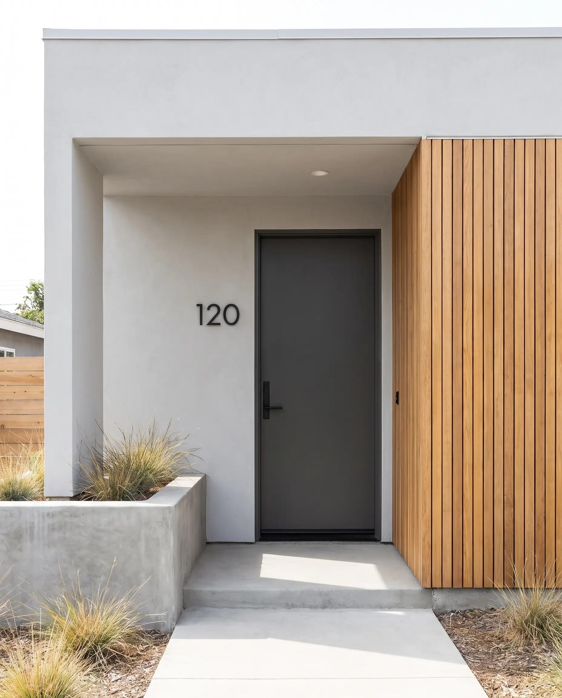 Matte black hardware and matching house numbers adorn a dark Iron Ore painted door framed by smooth gray stucco and wood-slat siding.