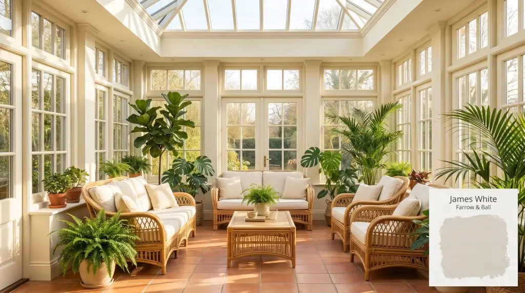 Lush potted indoor plants and rattan furniture rest on terracotta floor tiles within a conservatory painted in Farrow & Ball James White (Hex #e9e7d8).