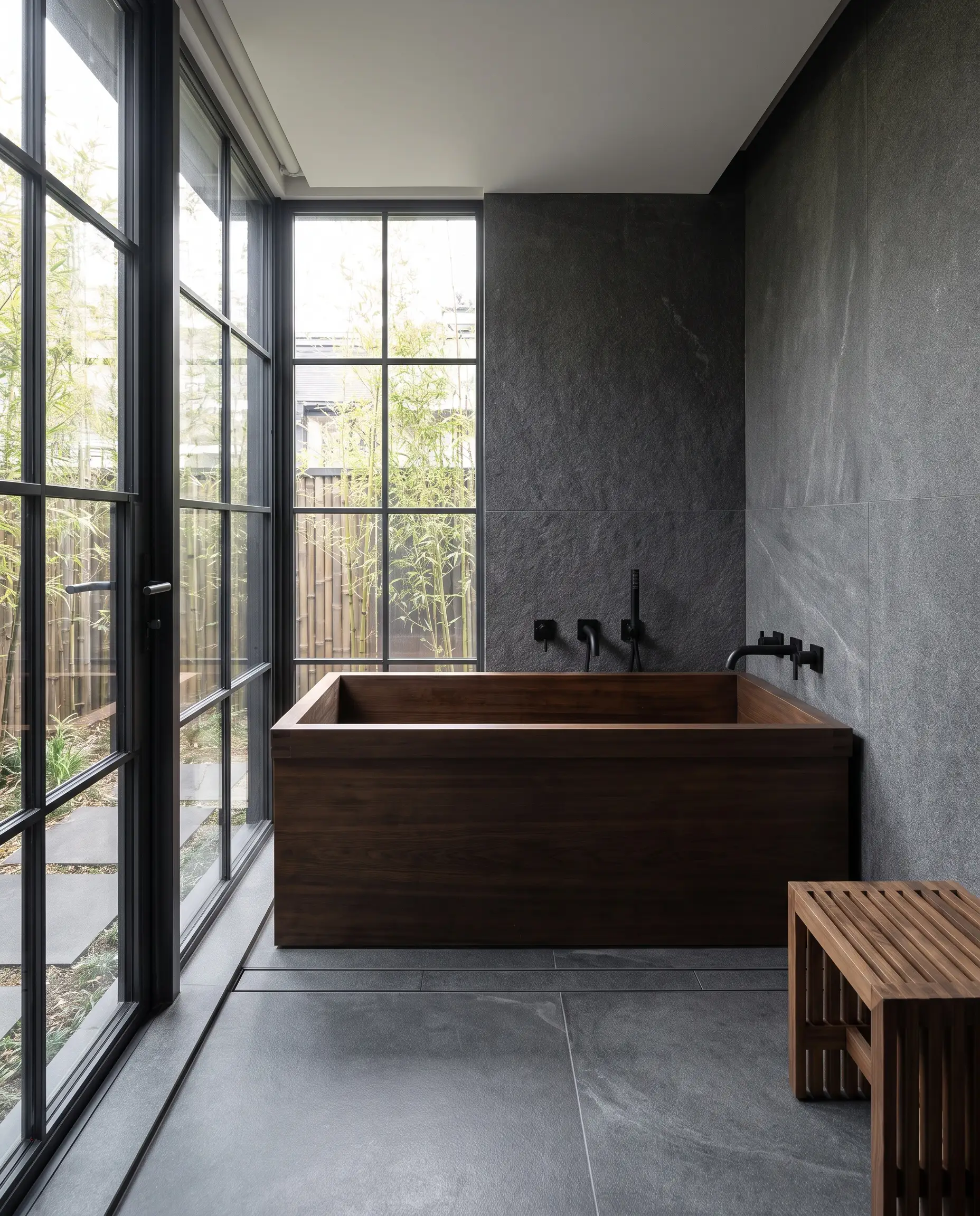 Minimalist matte black wall-mounted tub fillers contrast against the organic warmth of a steep wooden soaking tub beside dark metal window frames.