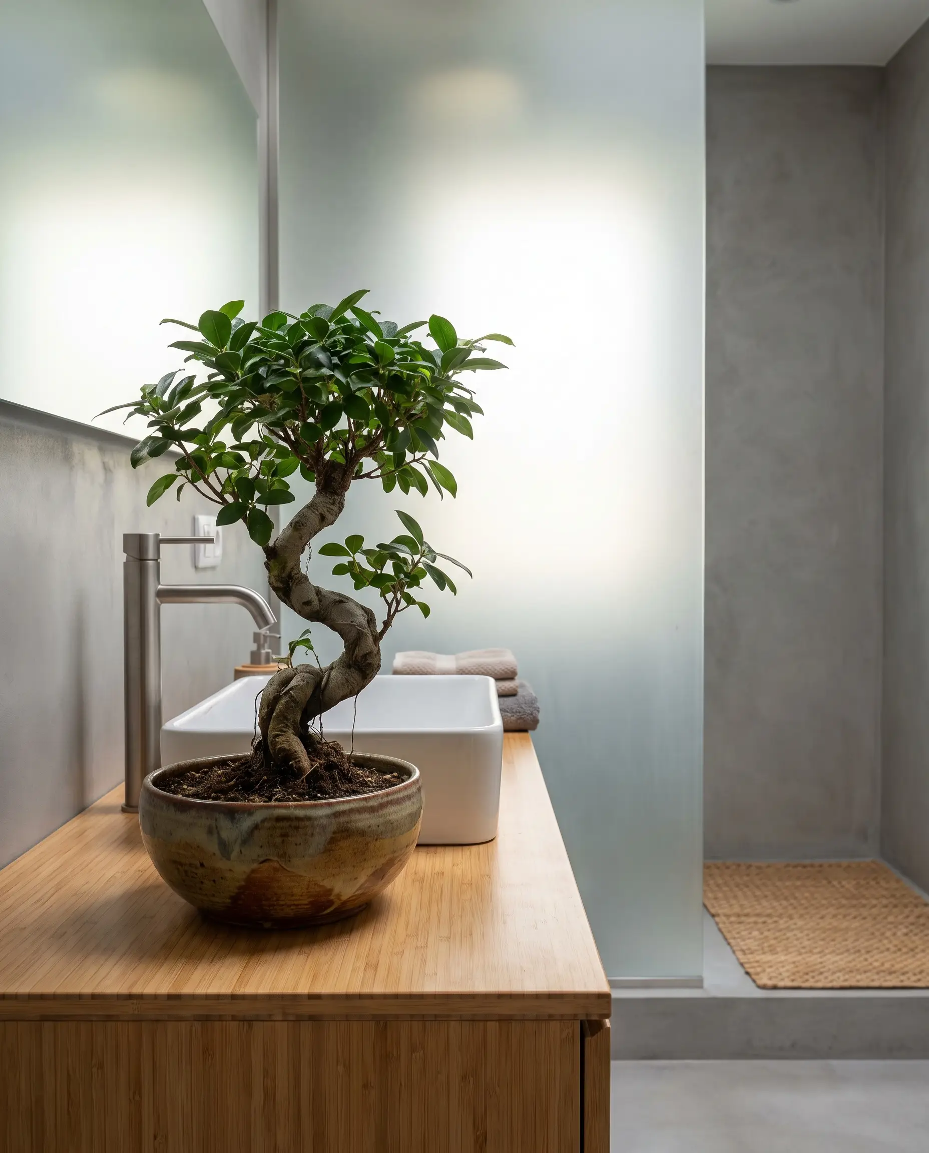 A living Ficus Ginseng Bonsai planted in a ceramic pot rests on a bamboo vanity against microcement walls in this modern japanese bathroom design.