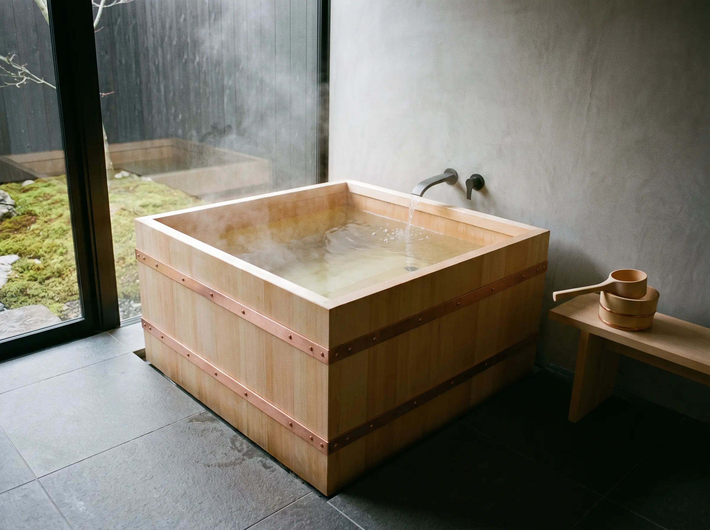 A deep square Hinoki wood Ofuro soaking tub with structural copper banding anchors this minimalist japanese bathroom design against smooth microcement walls.
