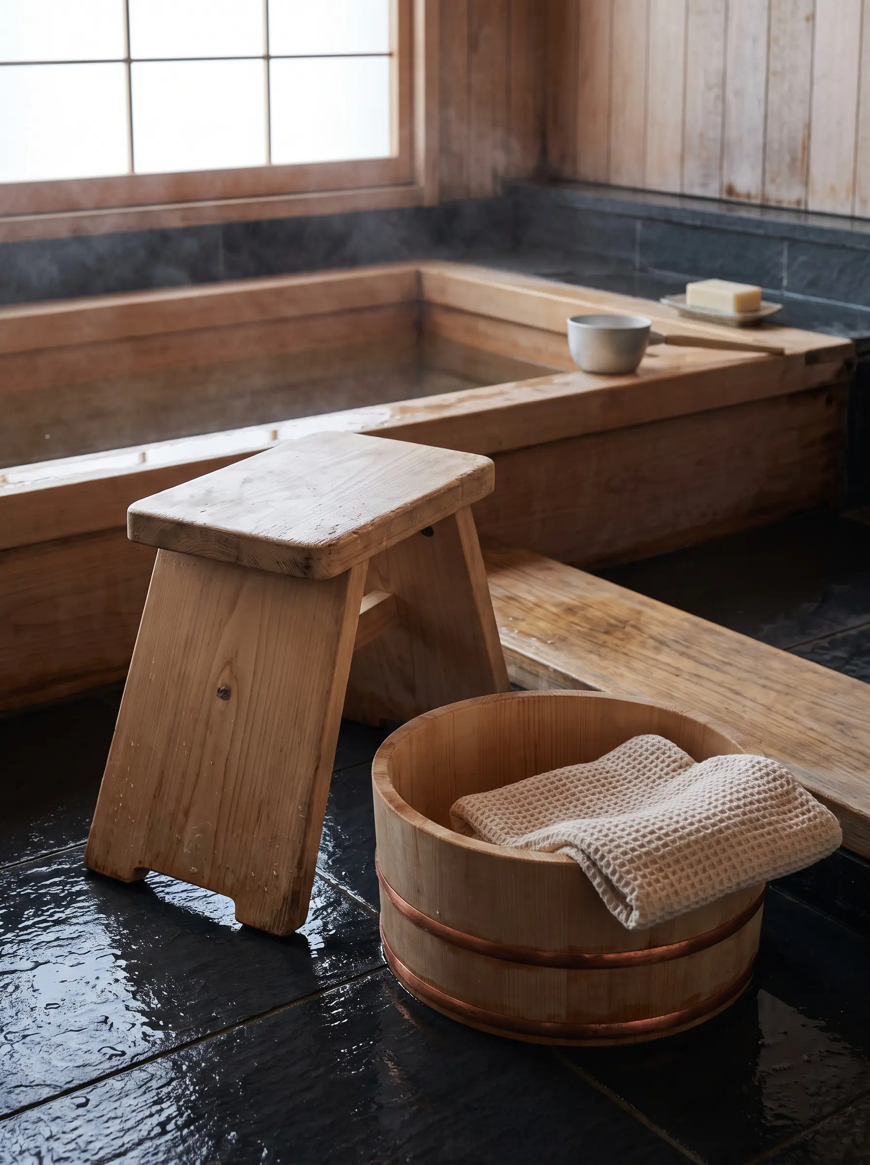 A solid unsealed Hinoki wood wash stool and a matching copper-banded wooden bucket sit on a dark slate floor near a deep soaking tub.