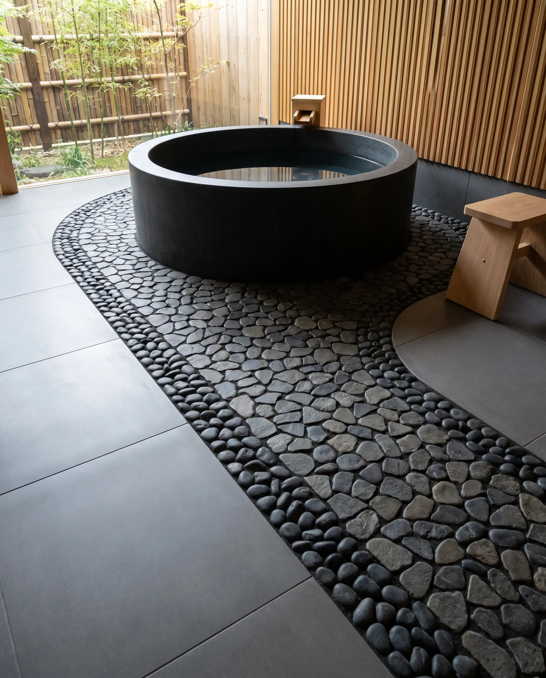 An inset drainage border of flat basalt pebbles and matte charcoal river rocks surrounds a modern soaking tub in this luxury japanese bathroom design.