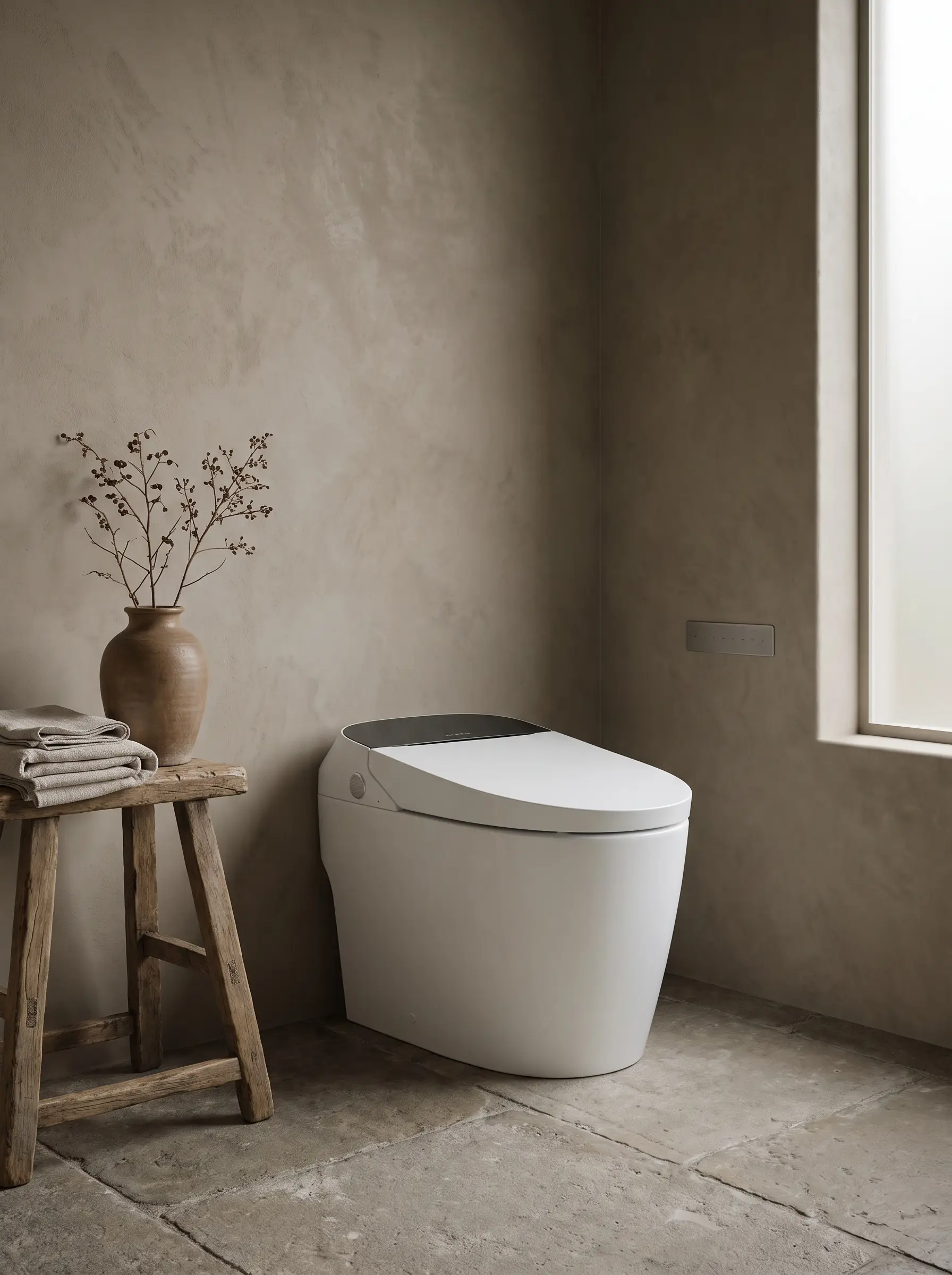 A fully integrated tankless vitreous china smart bidet toilet with an auto-opening lid sits quietly against a seamless microcement wall.