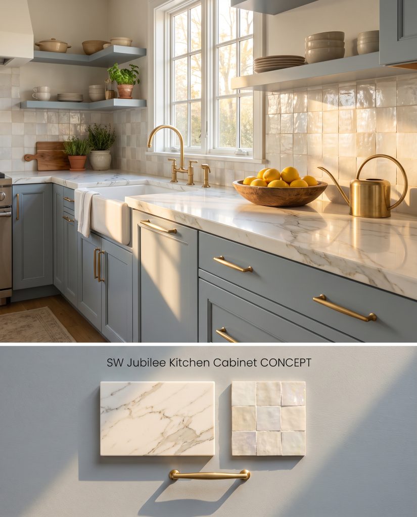 A split digital conceptual board presenting slate gray lower cabinetry over a flat-lay containing Calacatta quartz and Zellige tile.