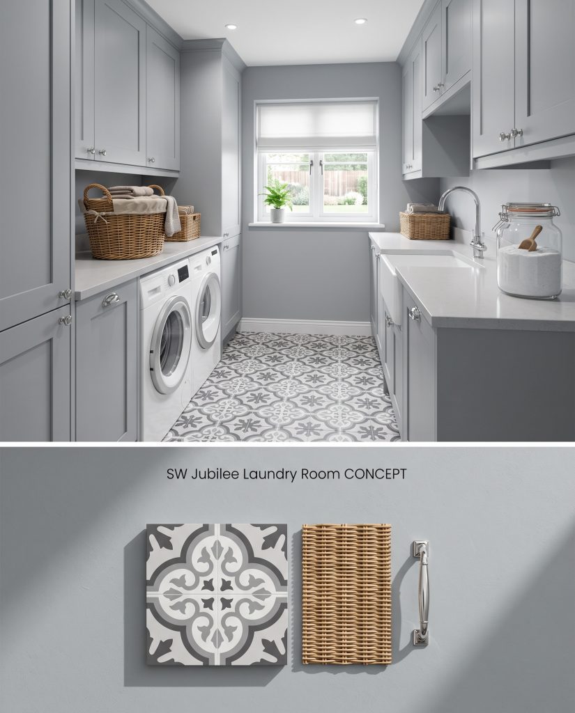 A split digital conceptual board highlighting slate gray laundry room walls on top and a textured flat-lay with patterned cement tile below.