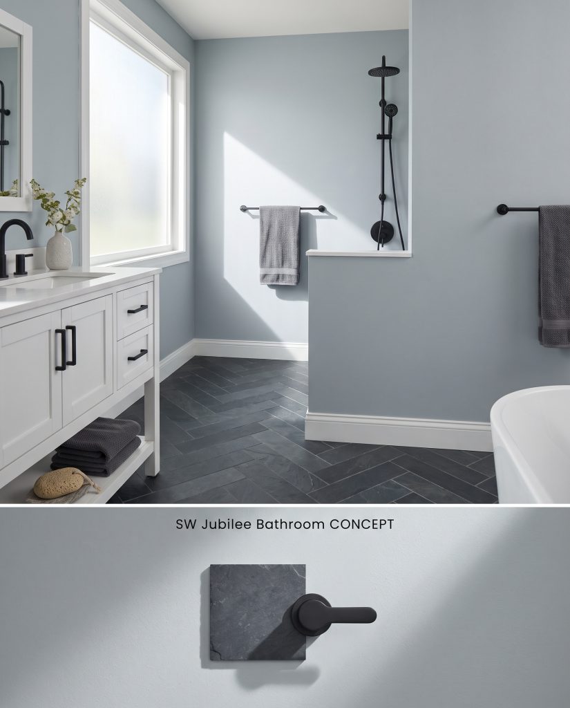 A split digital conceptual board featuring a slate gray bathroom with herringbone floors on top and a material flat-lay below.