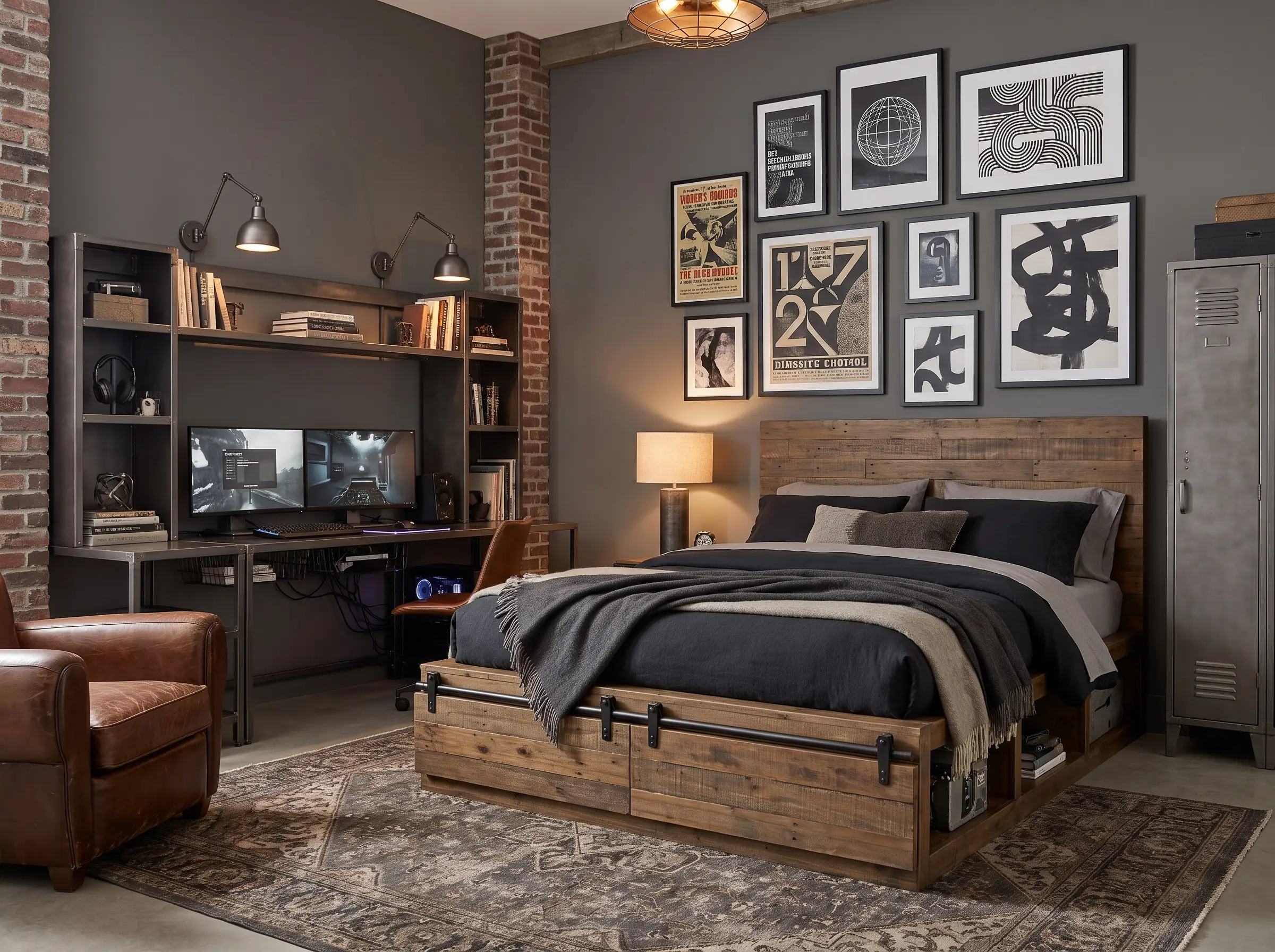 Benjamin Moore Kendall Charcoal walls provide a sharp, high-contrast backdrop for a reclaimed wood bed frame, gunmetal hardware, and curated graphic art.