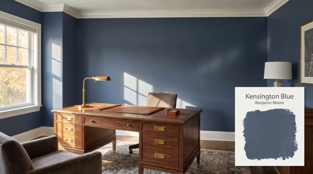 A rich walnut desk with brass hardware sits beneath crisp white crown molding in a transitional home office painted Kensington Blue (Hex #4B5A71).