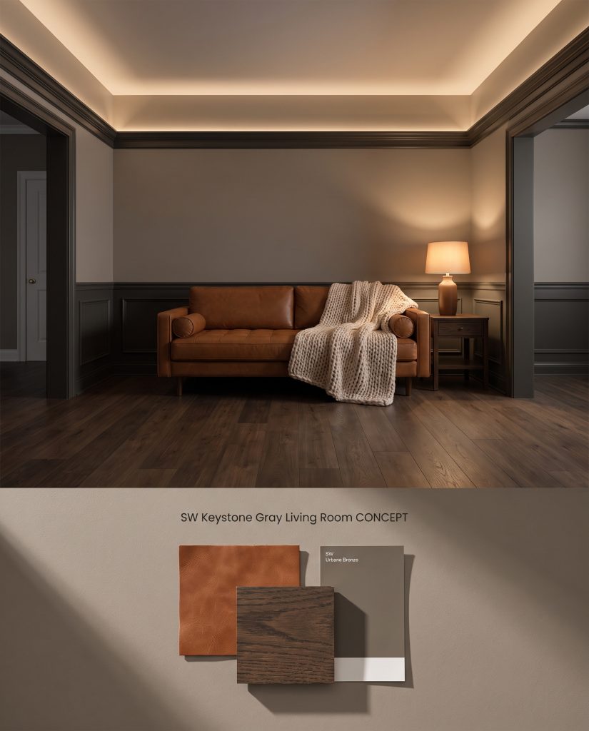 A split digital conceptual board presenting warm taupe gray living room walls over a flat-lay containing cognac leather and dark oak.