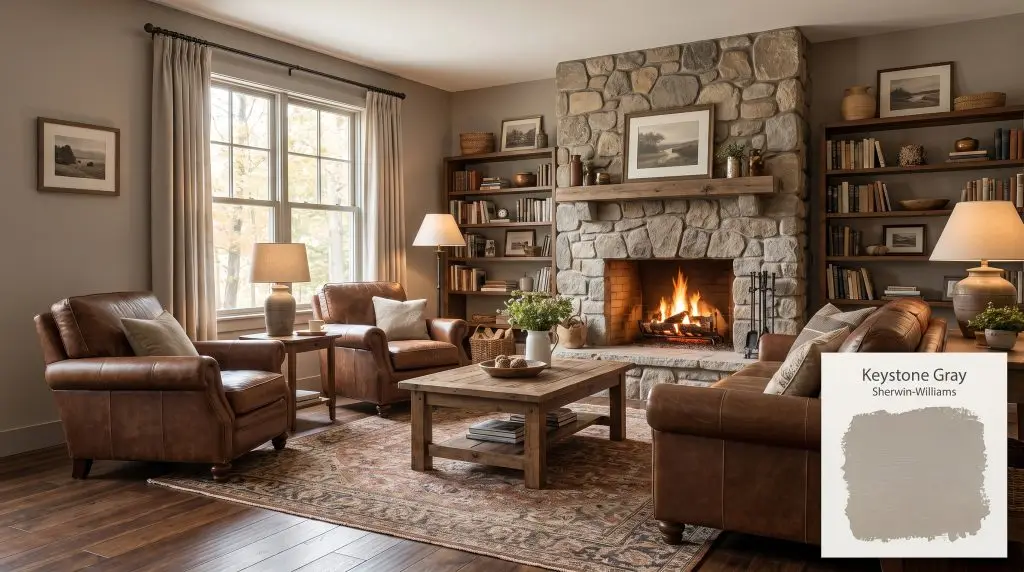 Warm leather seating faces a natural stone fireplace in a rustic space framed by Sherwin-Williams Keystone Gray (Hex #9E9284) walls.
